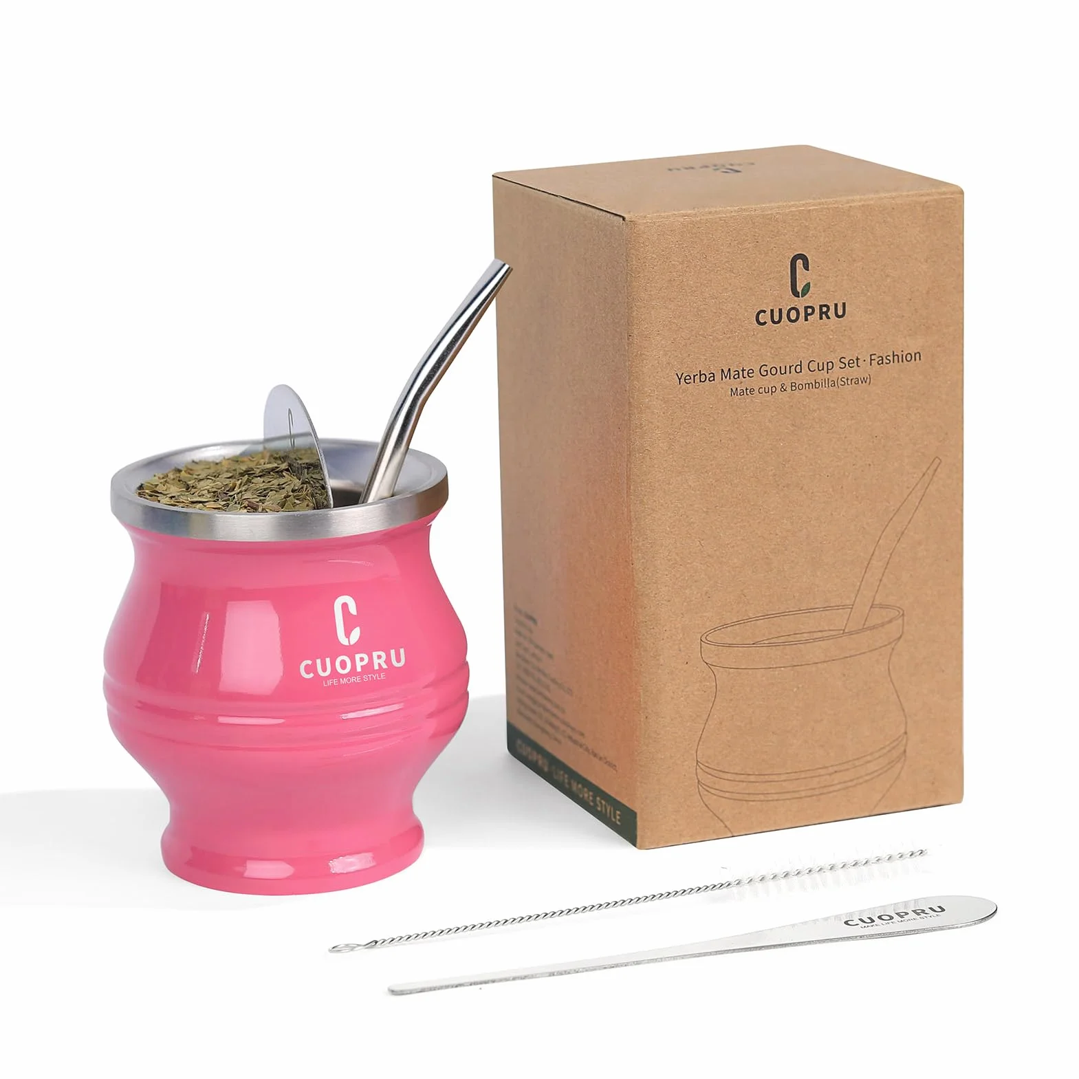 Yerba Mate Cup – zestaw tykwy Mate zawiera kubek do herbaty ze stali nierdzewnej o podwójnych ściankach, zestaw do modelowania herbaty, słomki Bombilla, szczotkę do czyszczenia