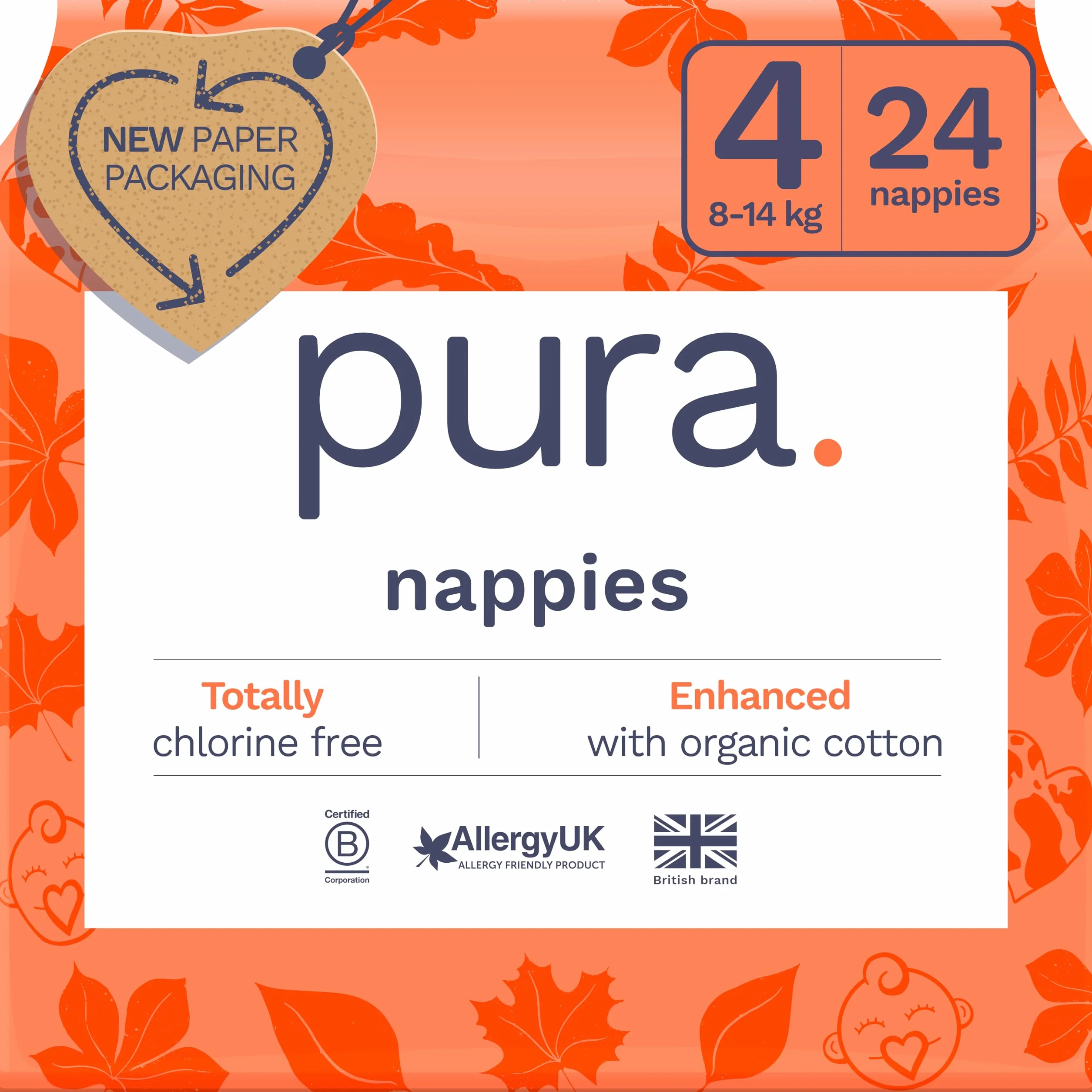 Pura Ekologiczne pieluchy dla niemowląt, rozmiar 4 (8-14 kg, 18-31 funtów), 1 opakowanie (24 pieluszki), ultramiękkie pieluchy dla skóry wrażliwej, bawełna organiczna, ochrona przed wyciekiem do 12
