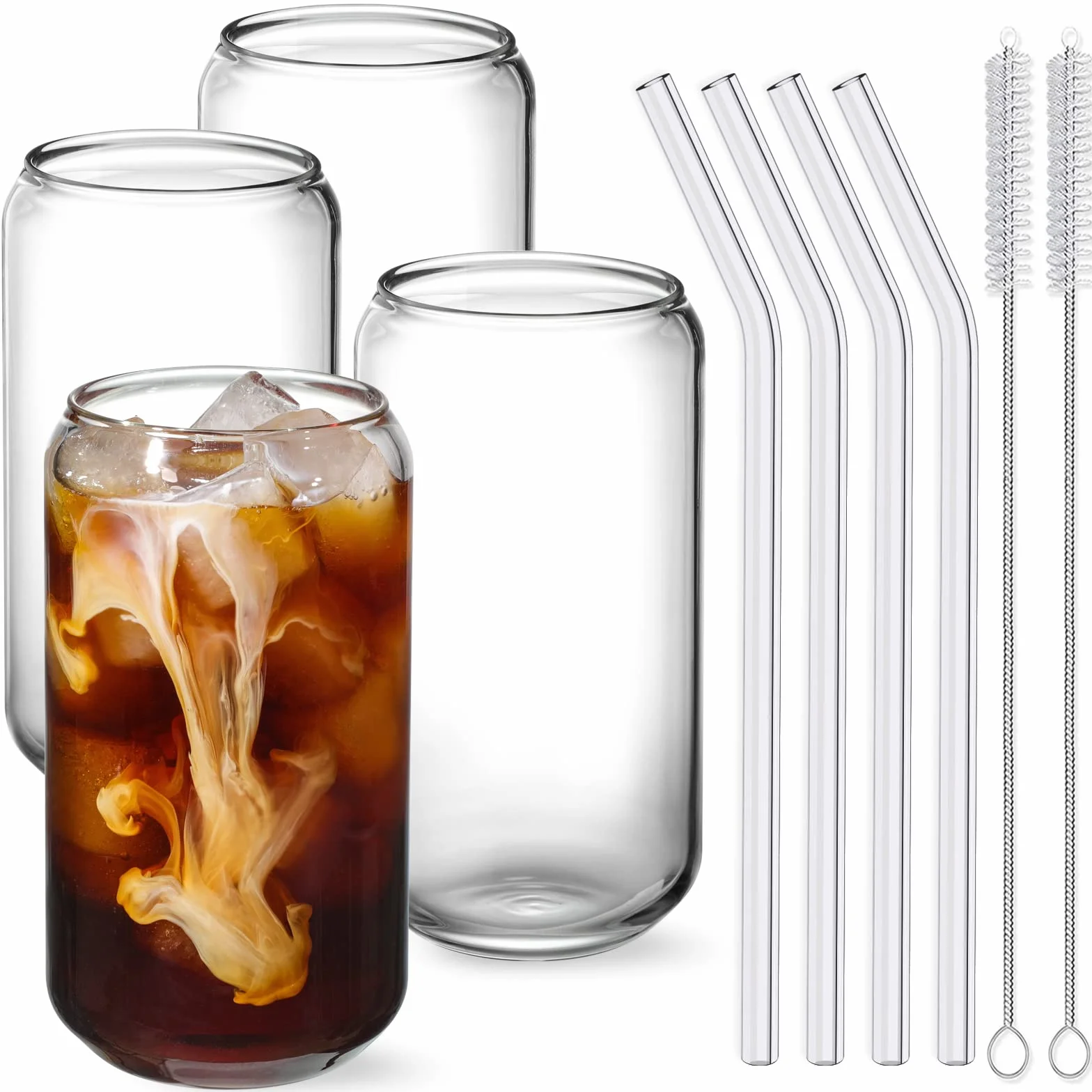 NETANY Szklanki do picia ze szklaną słomką, zestaw 4 szt., 470 ml, szklane kubki do piwa, mrożonej kawy, szklanki do whisky, napojów gazowanych, herbaty, wody, prezent, 2 szczotki do czyszczenia