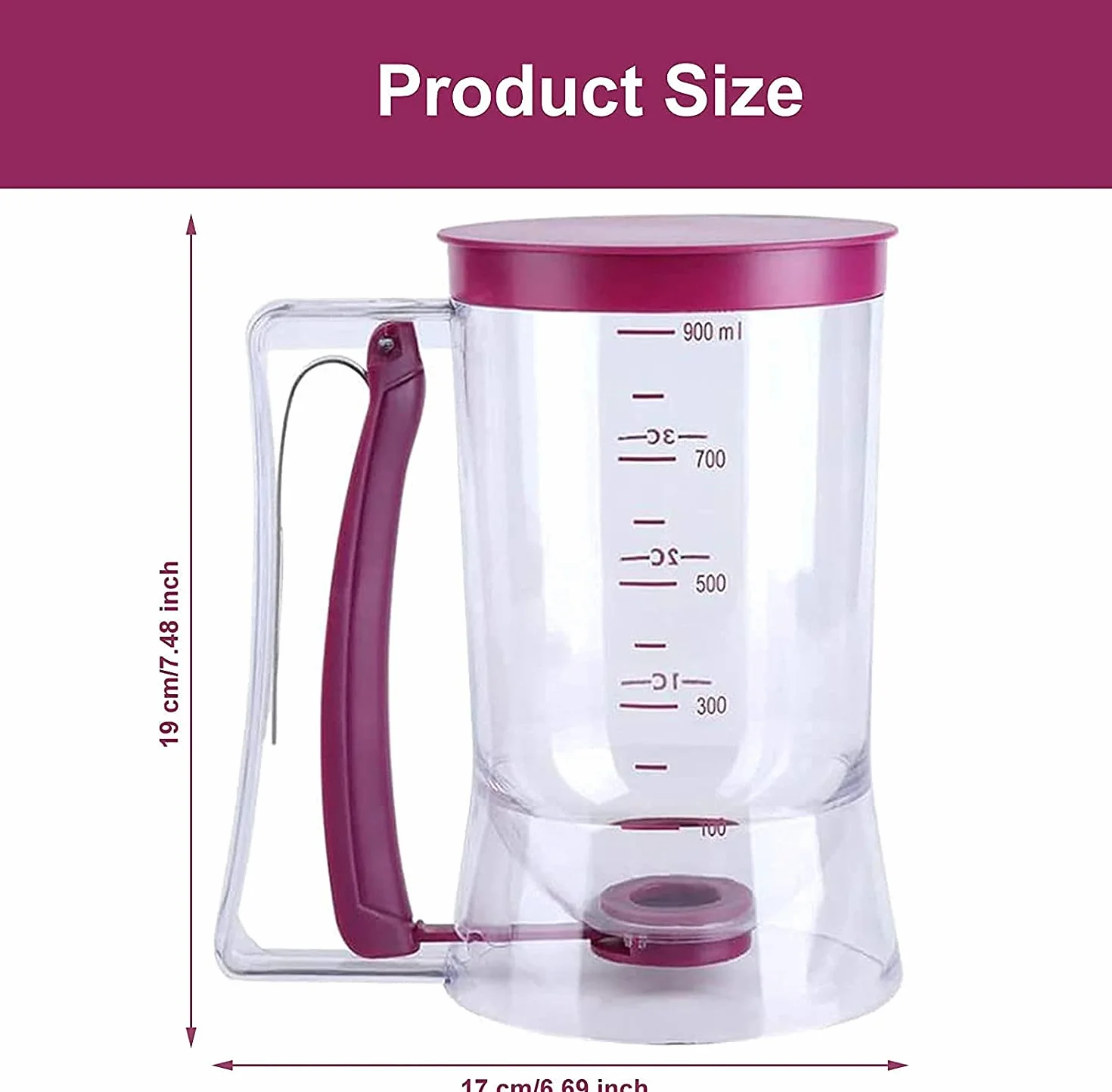 Dozownik do ciasta z pokrywką i skalą do pieczenia ciast, "zrób to sam", do robienia ciast, naleśników, muffinek, gofrów, 900 ml