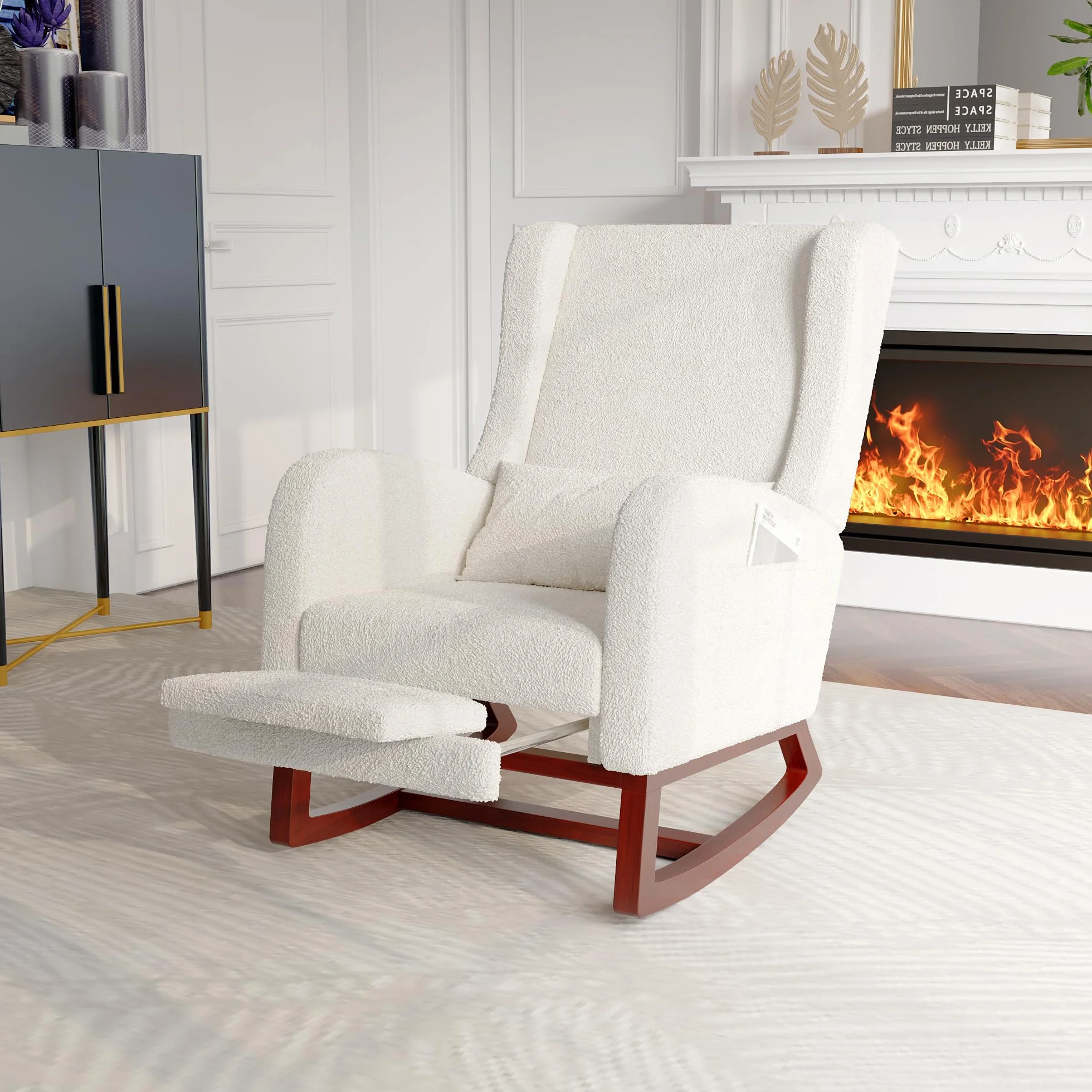 Accent fotel bujany z podstawą z litego drewna, nowoczesny, wygodny fotel tapicerowany z poduszką pod plecy i zwiewnym podnóżkiem, sofa, bujany z boczną kieszenią, do domu (Sherpa Boucle,