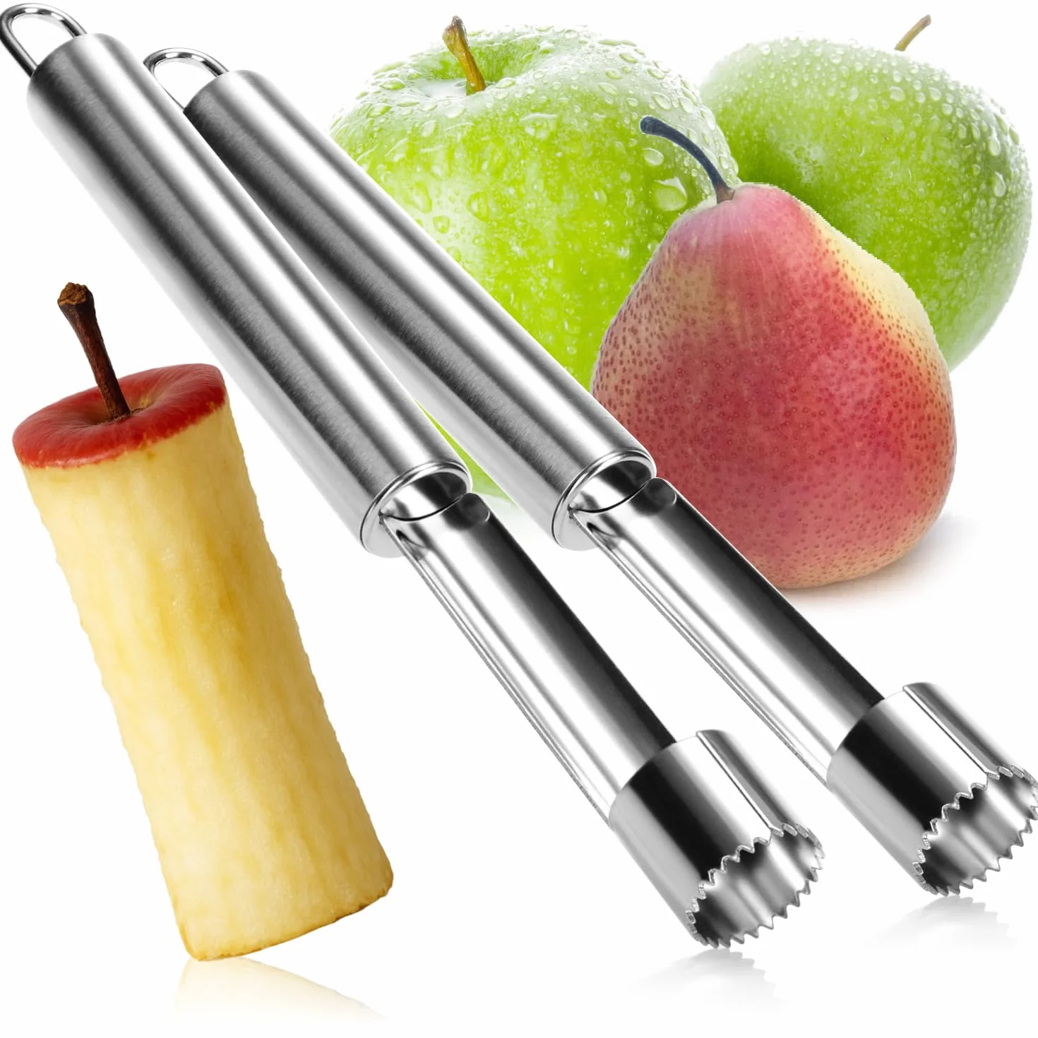 COM-FOUR® 2x zagryzarki do jablek wykonane ze stali nierdzewnej, praktyczny zagluszacz z petla do zawieszania, usuwa rdzen, do pieczonych jablek i nie tylko (002 sztuk - ogryzek do jablek - srebrny)