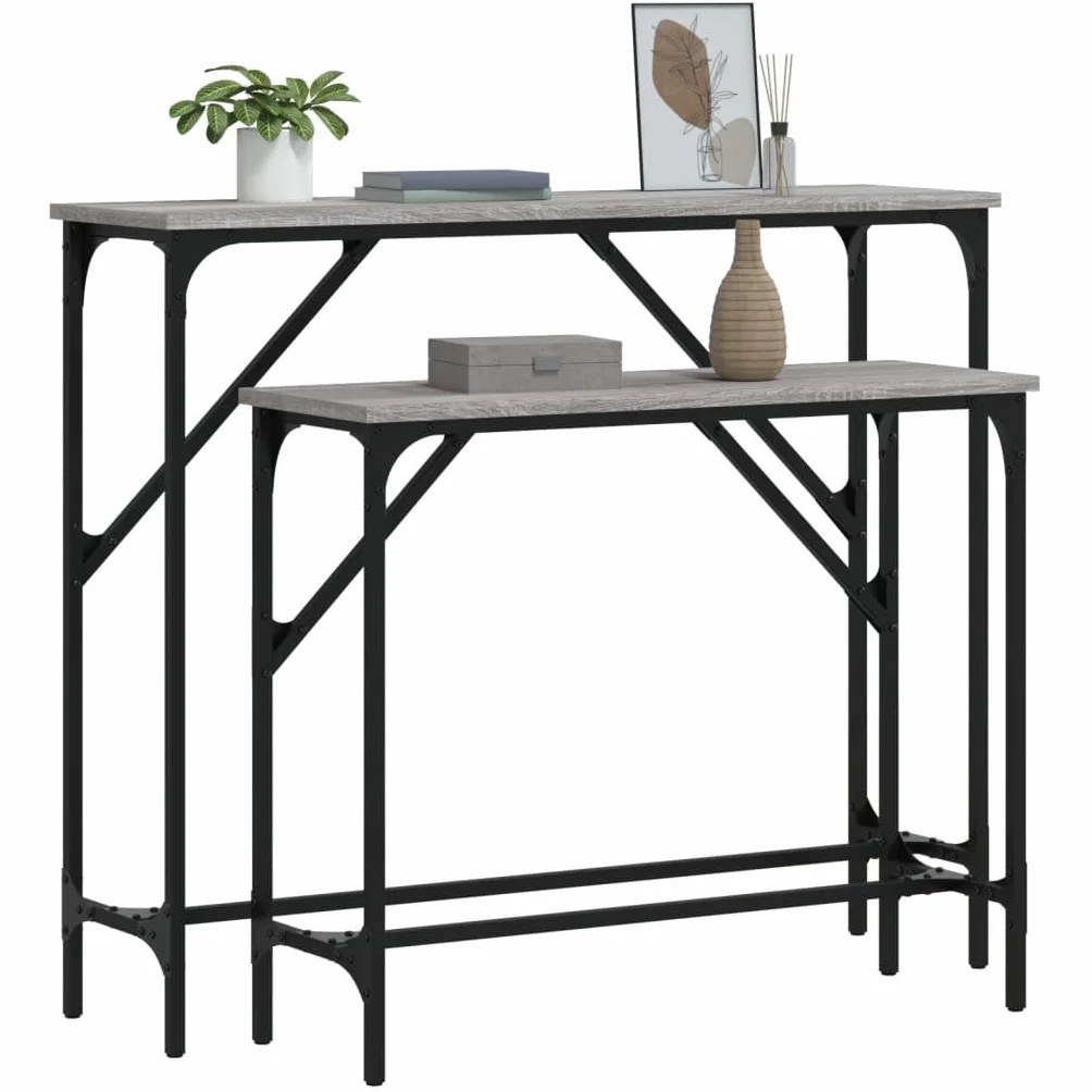Stoły konsolowe, zestaw 2 sztuk, szare Sonoma, metalowa rama, szerokość 95/75 cm, stolik pomocniczy do korytarza, salonu, przedpokoju, mebli