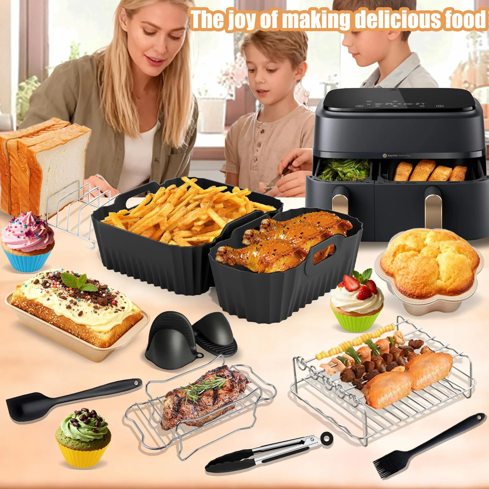 Akcesoria do foremek silikonowych Air Fryer, do Philips serii 3000/5000 Dual Basket 3L/6L, 18 szt. z silikonową formą do frytkownicy powietrznej, kratki/stojaki, foremka do ciasta, foremka do chleba