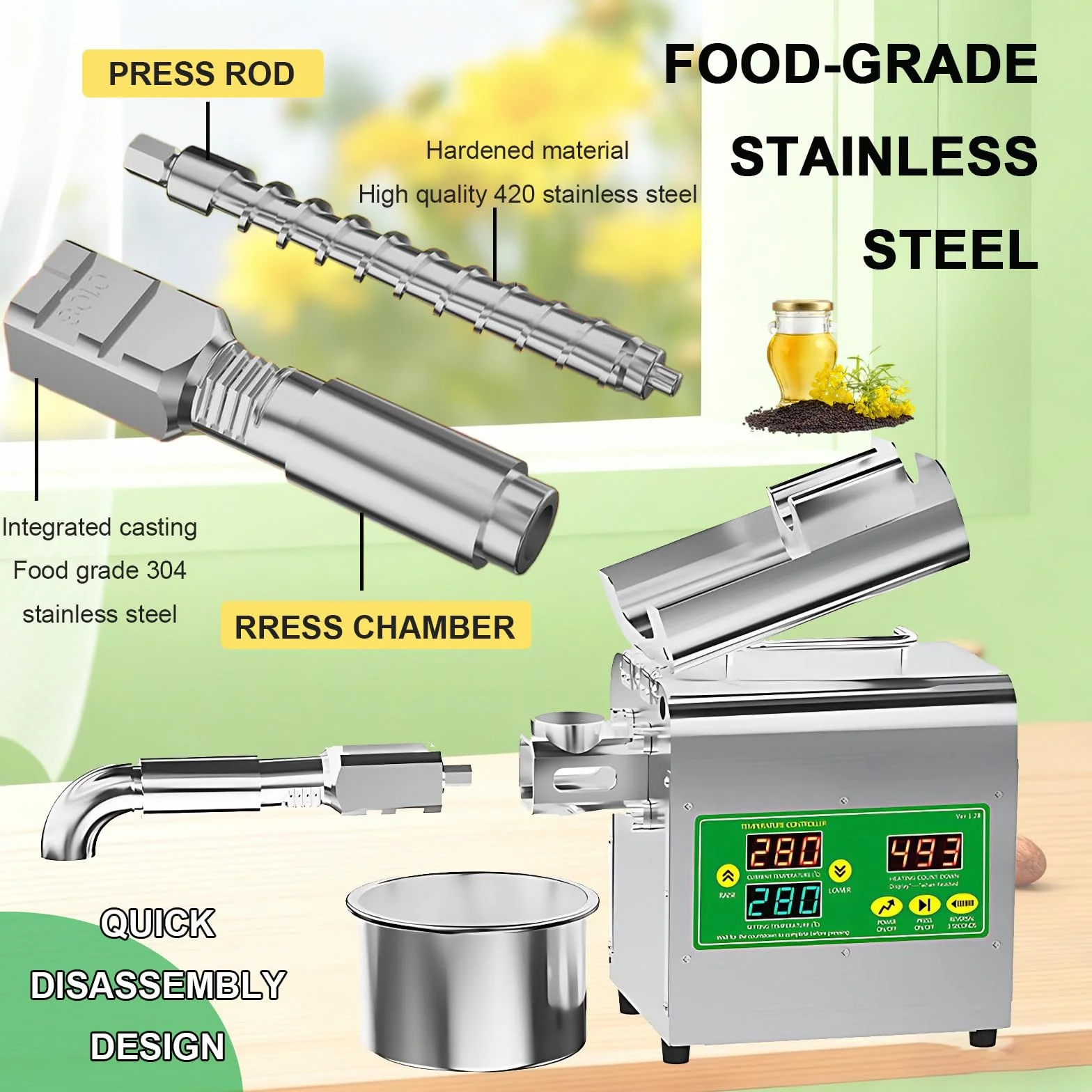 Prasa do oleju, automatyczna produkcja oleju, 1800w wyciskarka oleju do tłoczenia na zimno i na gorąco, maszyna do tłoczenia oleju z inteligentnym regulatorem temperatury 104-572°C