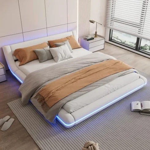 vutizal Łóżko podłogowe 160 x 200 cm z oświetleniem RGB LED sterowanym za pomocą aplikacji, nowoczesne płaskie łóżko z pilotem zdalnego sterowania i oświetleniem otoczenia | w kolorze białym, łącznie