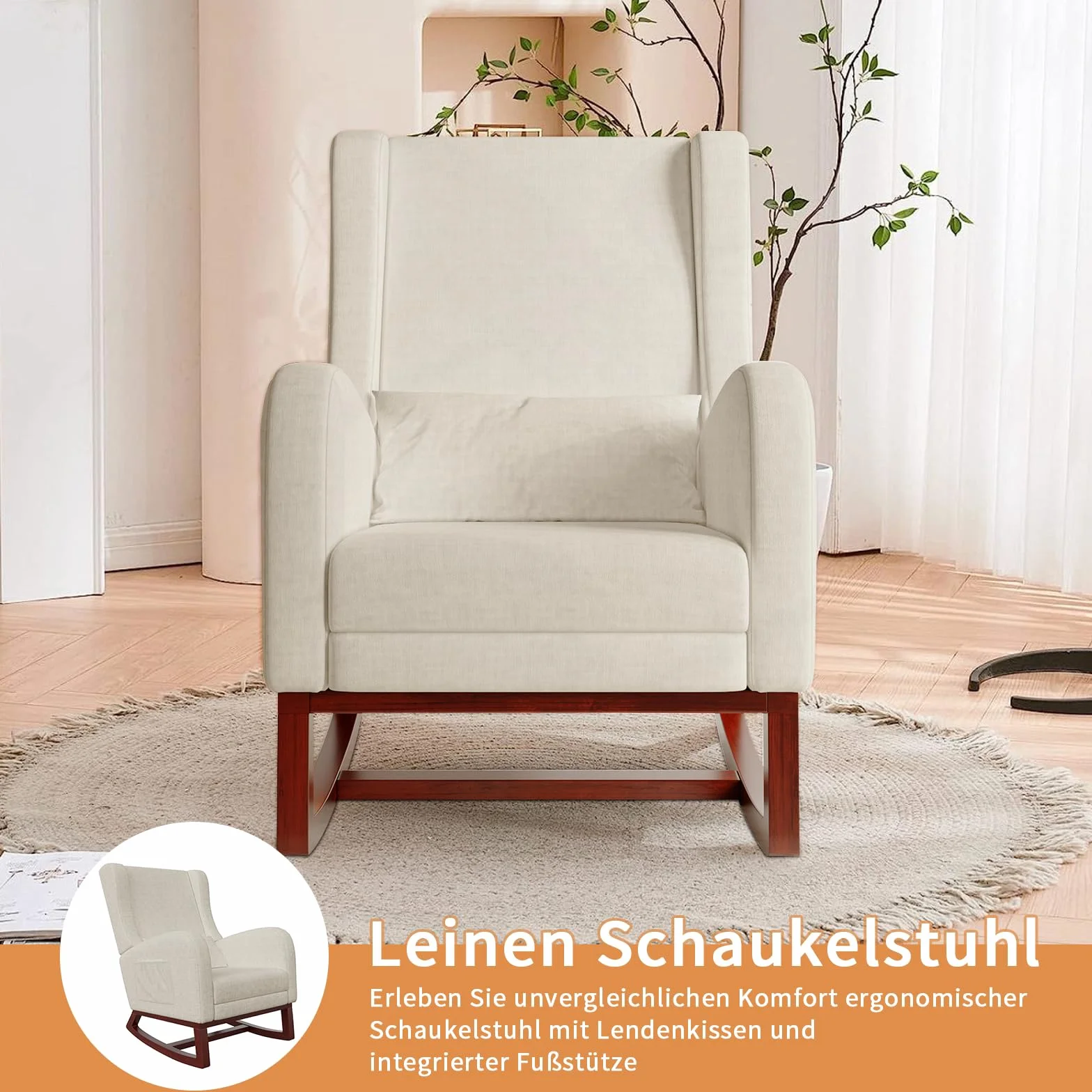 Fotel bujany tapicerowany z regulowanym podnóżkiem i poduszką lędźwiową, beżowy 67x64x99 cm