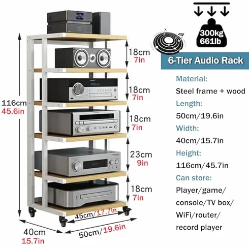 6-poziomowy mini stojak HiFi z kółkami, kompaktowy stojak na komponenty audio, gramofony, winylowe, odtwarzacze DVD i przechowywanie multimediów, solidna konstrukcja z drewna i stali do gier i sprzętu