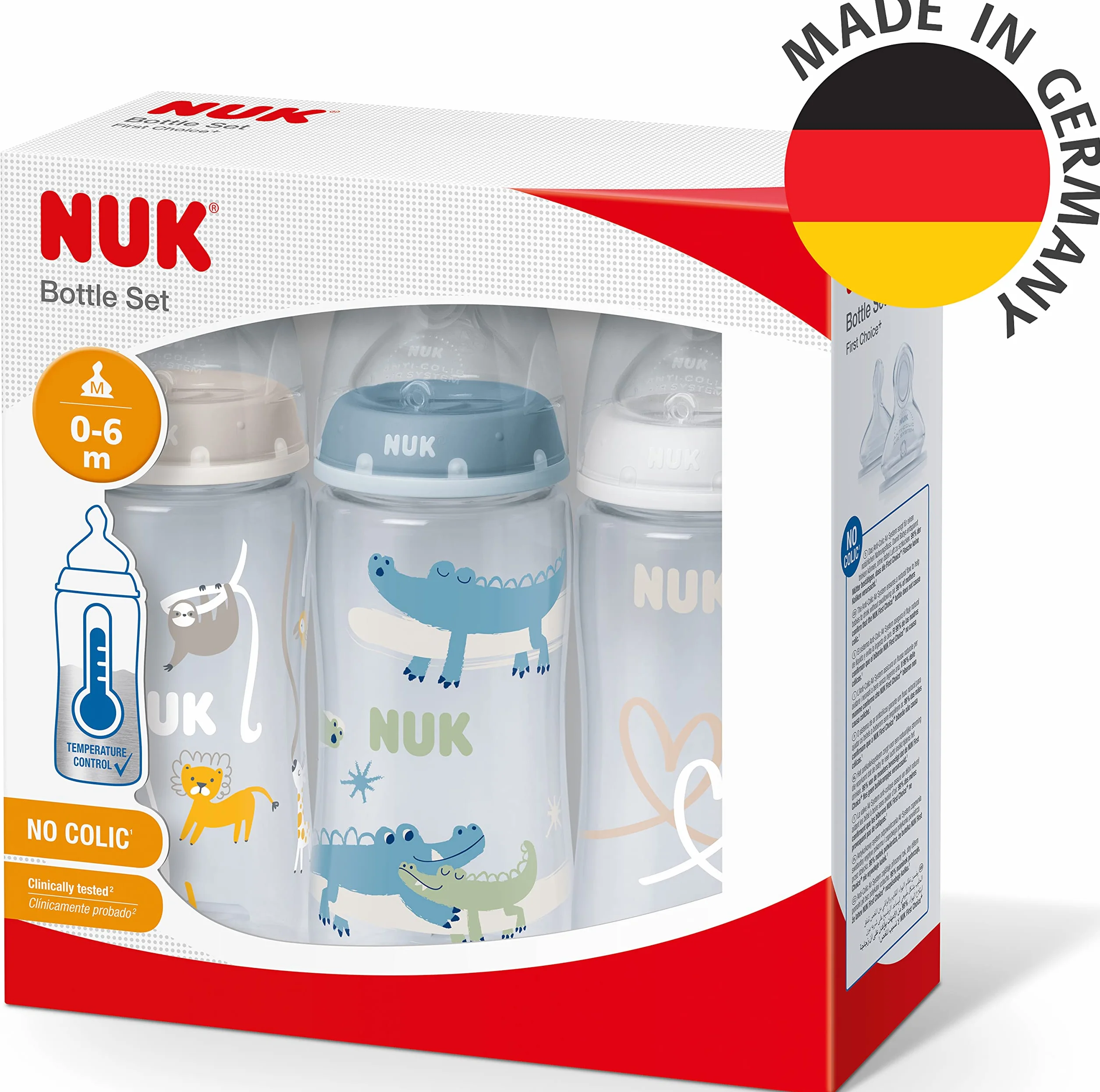 NUK First Choice + Butelka dla niemowląt | 0–6 miesięcy | Wskaźnik kontroli temperatury | Otwór antykolkowy Anti Colic | 300 ml | Produkt nie zawiera BPA | Smoczek silikonowy | krokodyl | 3 elem