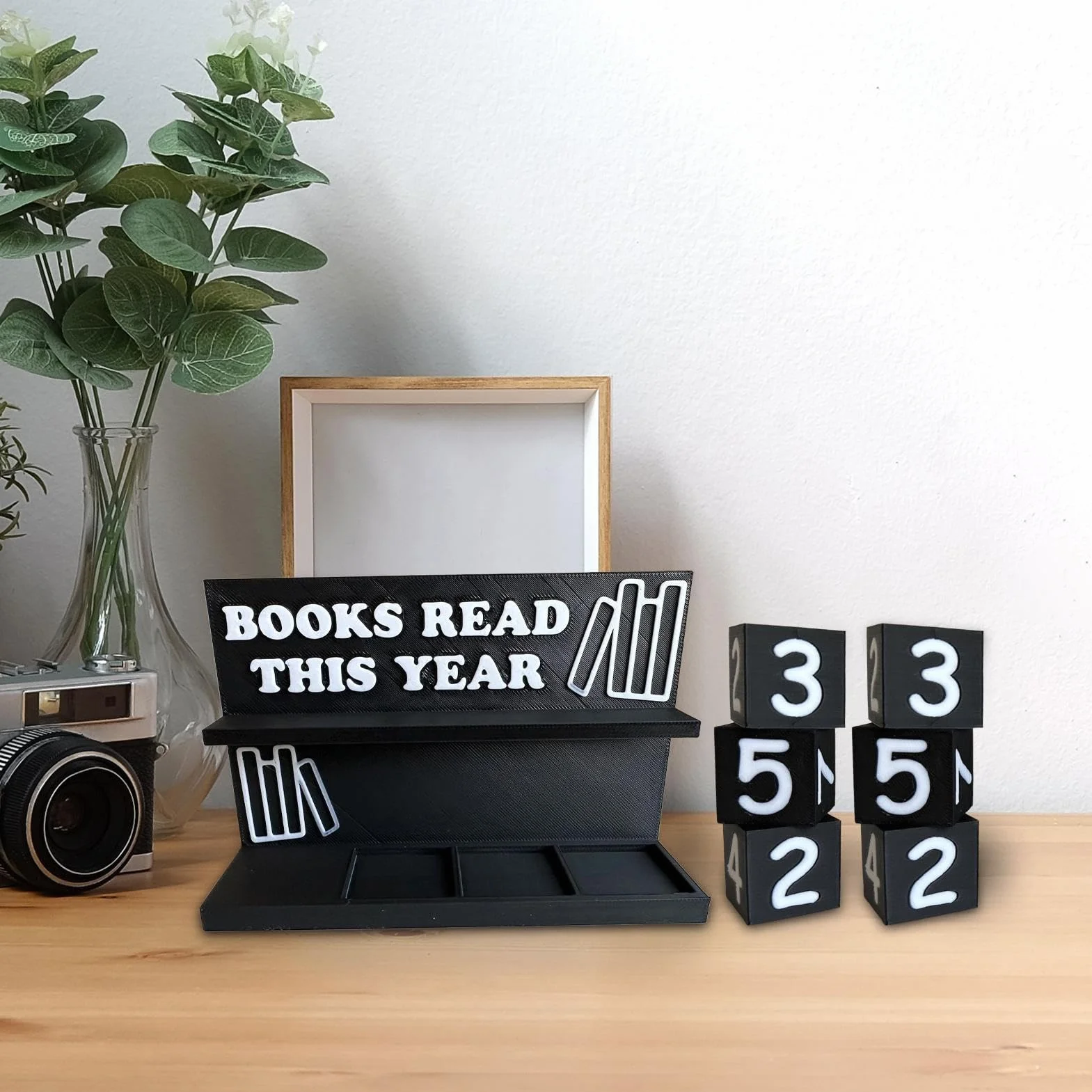 Licznik książek z nadrukiem 3D, książka czytana w tym roku, śledzenie czytania wyzwań, z nowoczesnym i minimalistycznym designem, 14,5 x 4 x 10 cm, na biurko, półki na książki, blat, stoliki nocne