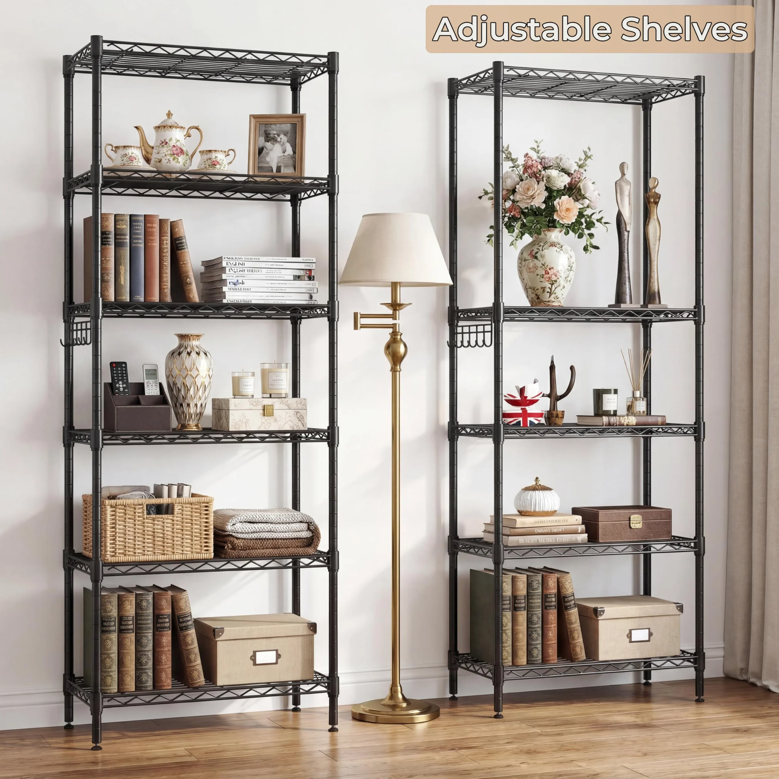 Himimi 6-poziomowy regał druciany, metalowy, wolnostojący, wytrzymałe półki do przechowywania z regulowanymi nóżkami poziomującymi, 54 x 29 x 160 cm (dł. x szer. x wys.), czarny