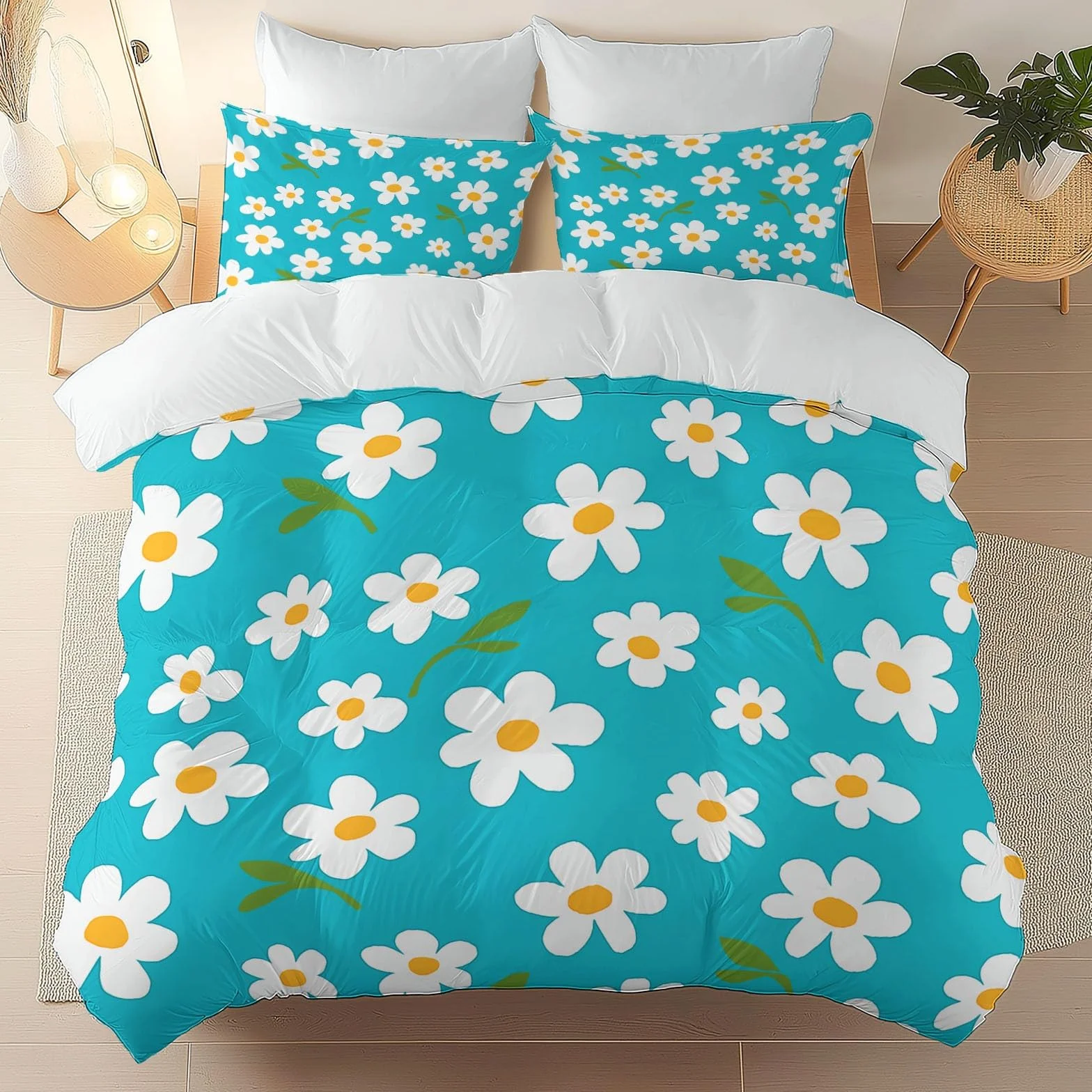 Zestaw pościeli Daisiespatterns miękki nadruk zestaw pościeli szczotkowana mikrofibra poszewka na kołdrę z poszewkami na poduszki 260 x 220 cm prezenty dla mamy sypialnia dekoracja biały niebieski