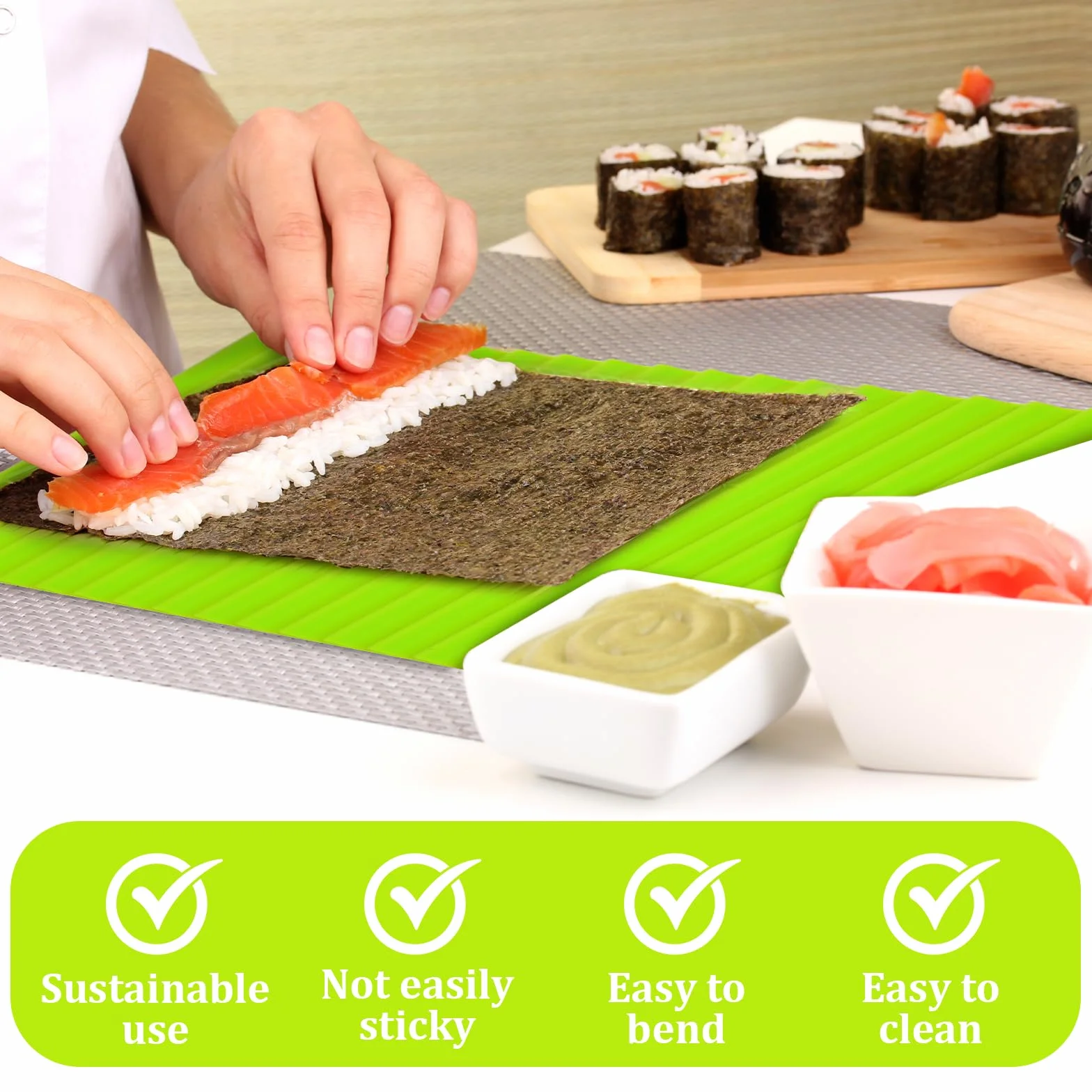 Silikonowa mata do sushi 20 x 18 cm, nieprzywierająca, wielokrotnego użytku, zestaw dla początkujących