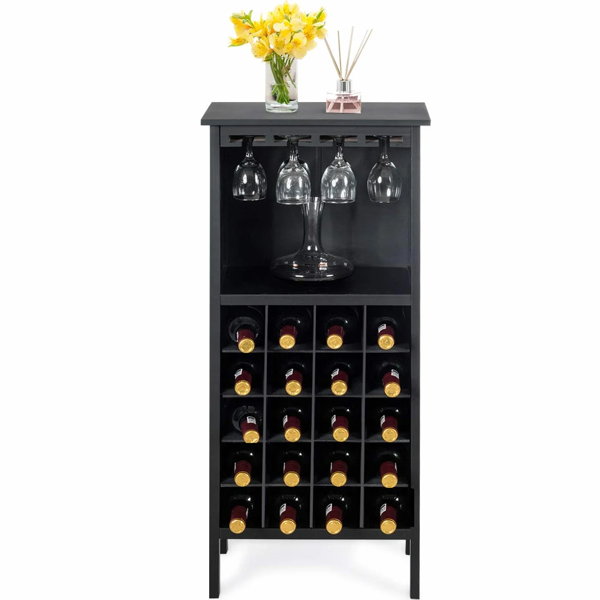 COSTWAY Szafka na wino na 20 butelek, drewniany regał na wino z uchwytem na szkło, regał na butelki, stojak na wino do kuchni, baru, 42 x 24,5 x 96 cm (czarny)