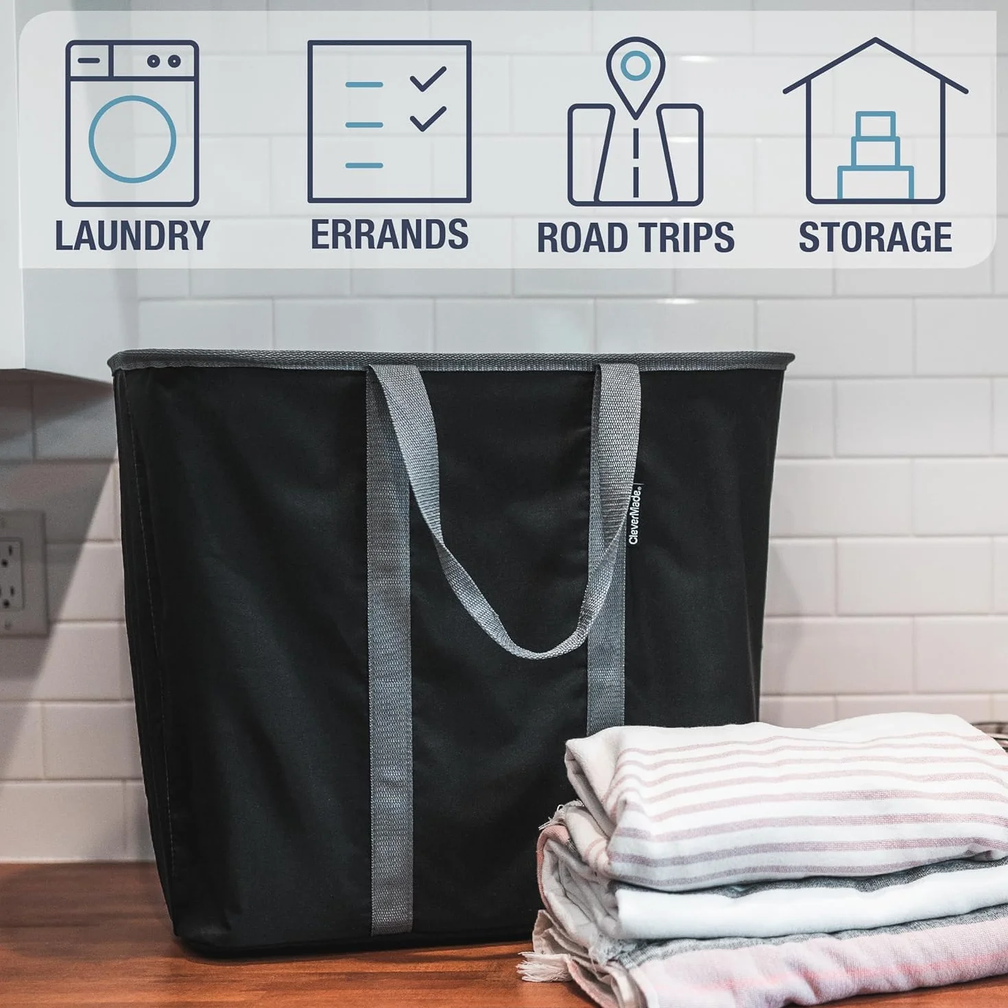 CleverMade składany kosz na ubrania, duży składany kosz na ubrania, torba na szelki, torba do noszenia na co dzień, XL Pop-Up Caddy z uchwytami, kremowy/grafitowy, 2 sztuki