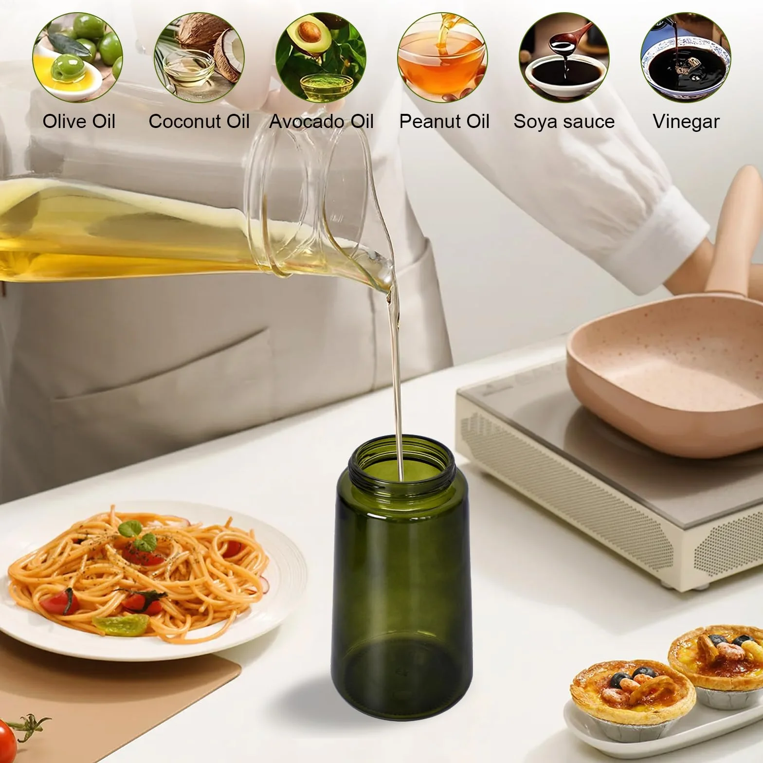 Opryskiwacz do oleju do kuchni - dozownik i opryskiwacz oleju 2 w 1, butelka 470 ml ze szkła premium z wylewką zapobiegającą kapaniu, idealny do kuchni, frytkownicy na powietrzu, grillowania i sałatek