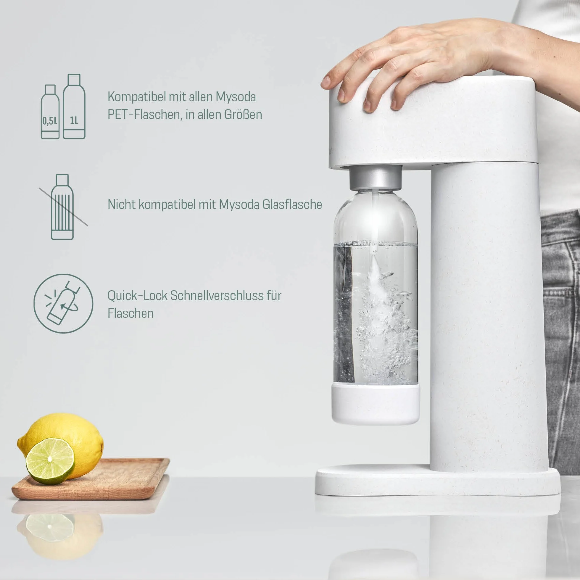 Mysoda: Woody zestaw saturatora z odnawialnego kompozytu drewnianego, z plastikową butelką Quick-Lock 1 l, bez BPA i cylindrem CO2, różowy