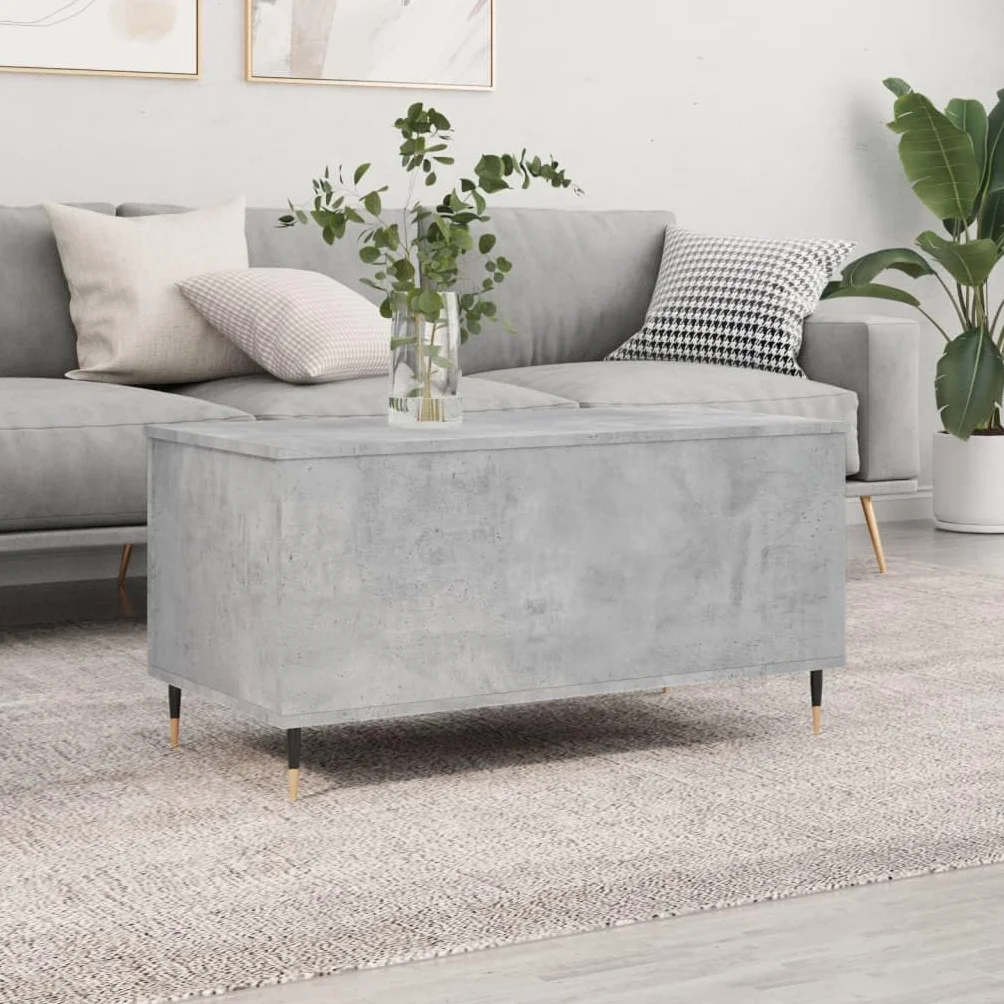 Générique Inżynieryjny stolik kawowy 90x44,5x45 cm Szary Beton | Podnoszona góra, ukryte przechowywanie, metalowe nóżki, łatwe do czyszczenia