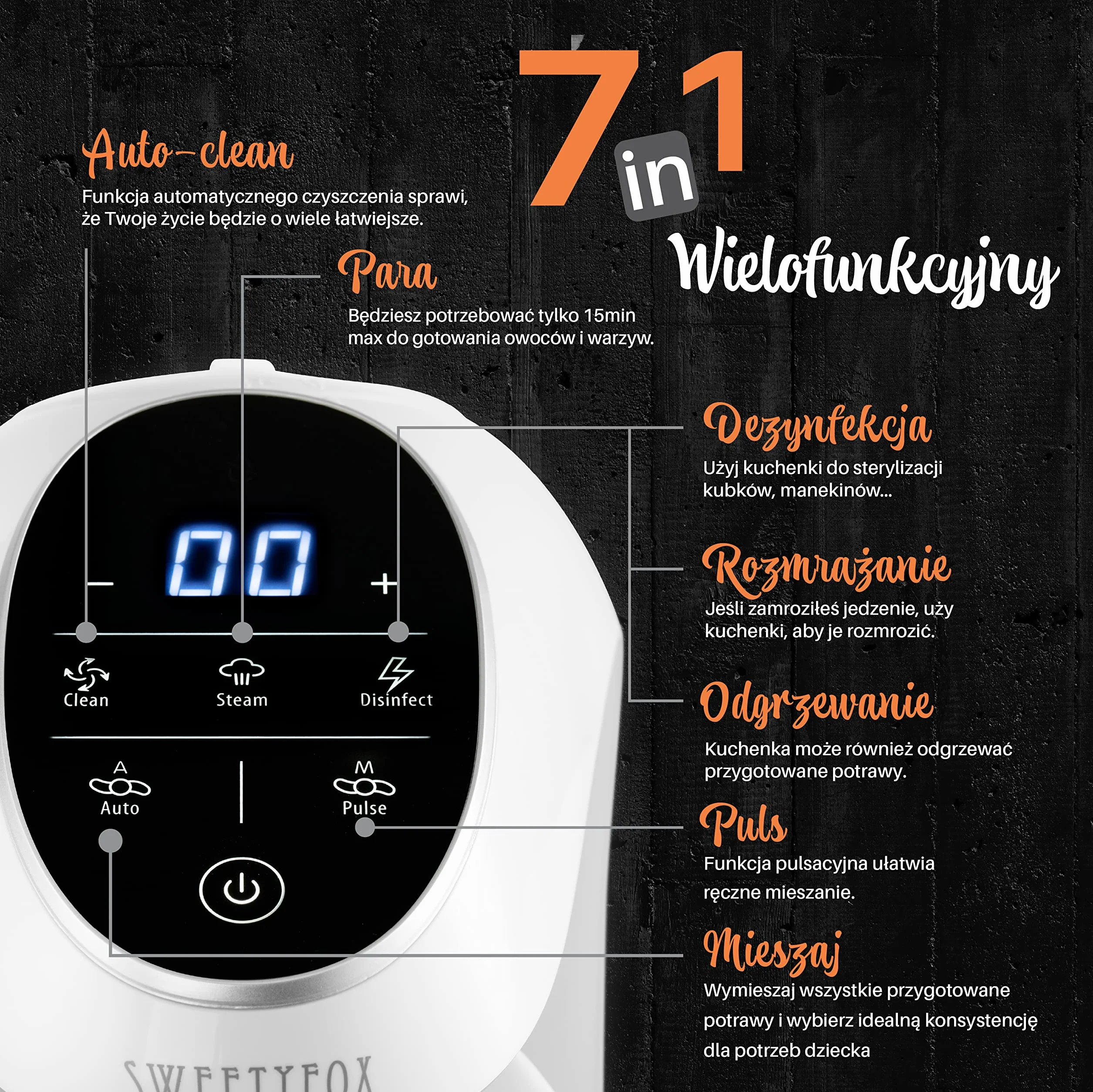 Sweety Fox - Wielofunkcyjny robot do posiłków dla niemowląt 7 w 1 – parowar, mikser, puls, automatyczne czyszczenie, sterylizator butelek, podgrzewacz kubków, rozmrażanie – podgrzewacz do kaszek.