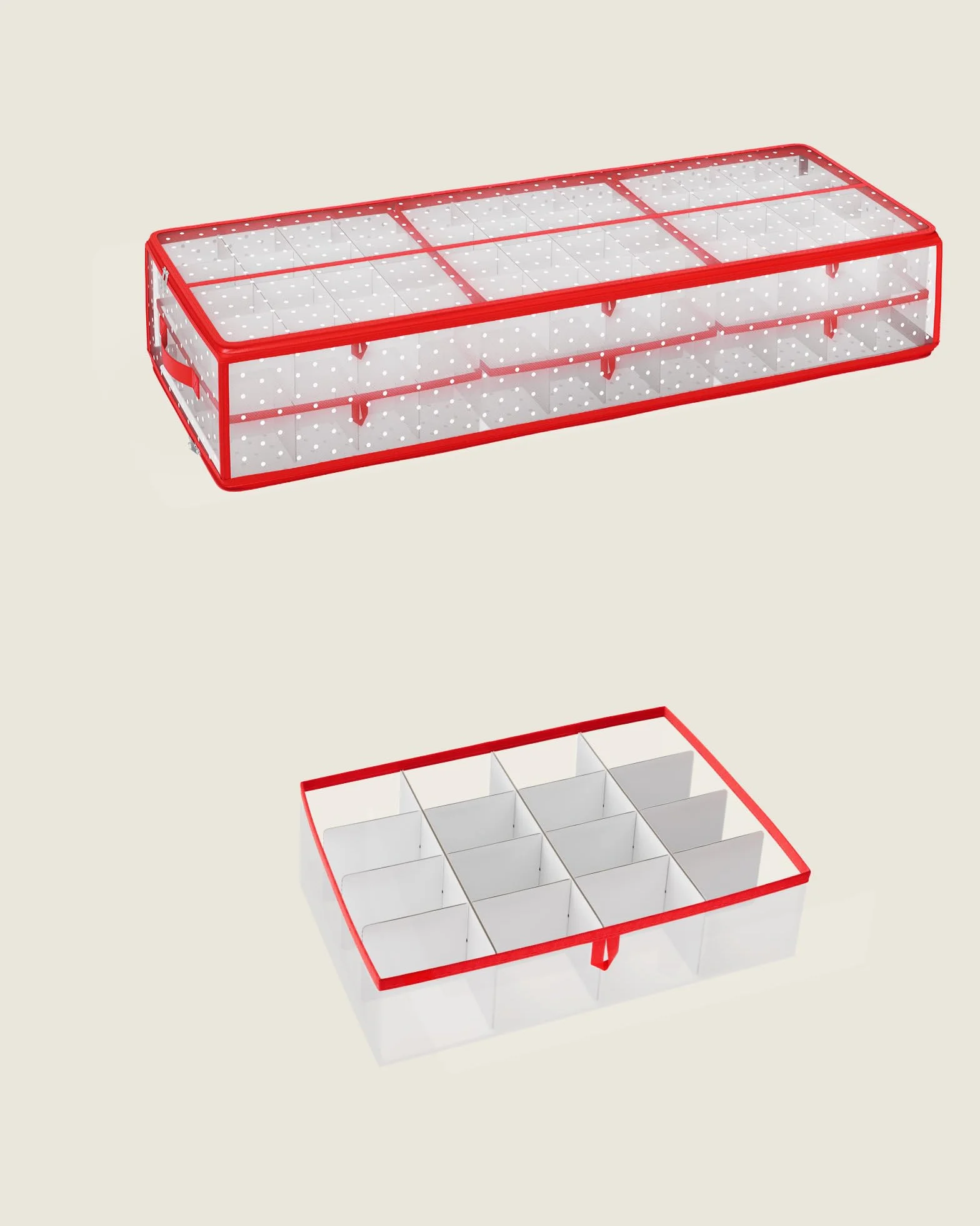 SONGMICS Pudełko do przechowywania ozdób bożonarodzeniowych, 96 przegródek po 7,6 cm, 96,5 x 33,5 x 17,5 cm, pudełko do przechowywania bombek z przegrodami, zamkami błyskawicznymi, uchwytami bocznymi