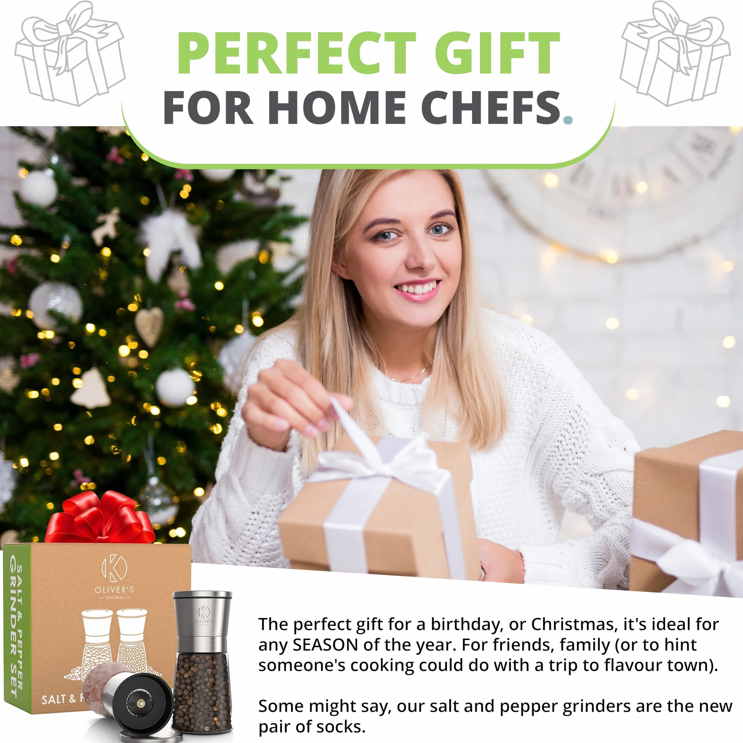 Oliver's Kitchen ® Szklany Młynek do Soli i Pieprzu - 2 Najwyższej Jakości Młynki w Zestawie - Nowoczesna Solniczka i Pieprzniczka z Młynkiem - Ręczny Młynek do Pieprzu i Soli z Regulacją Mielenia