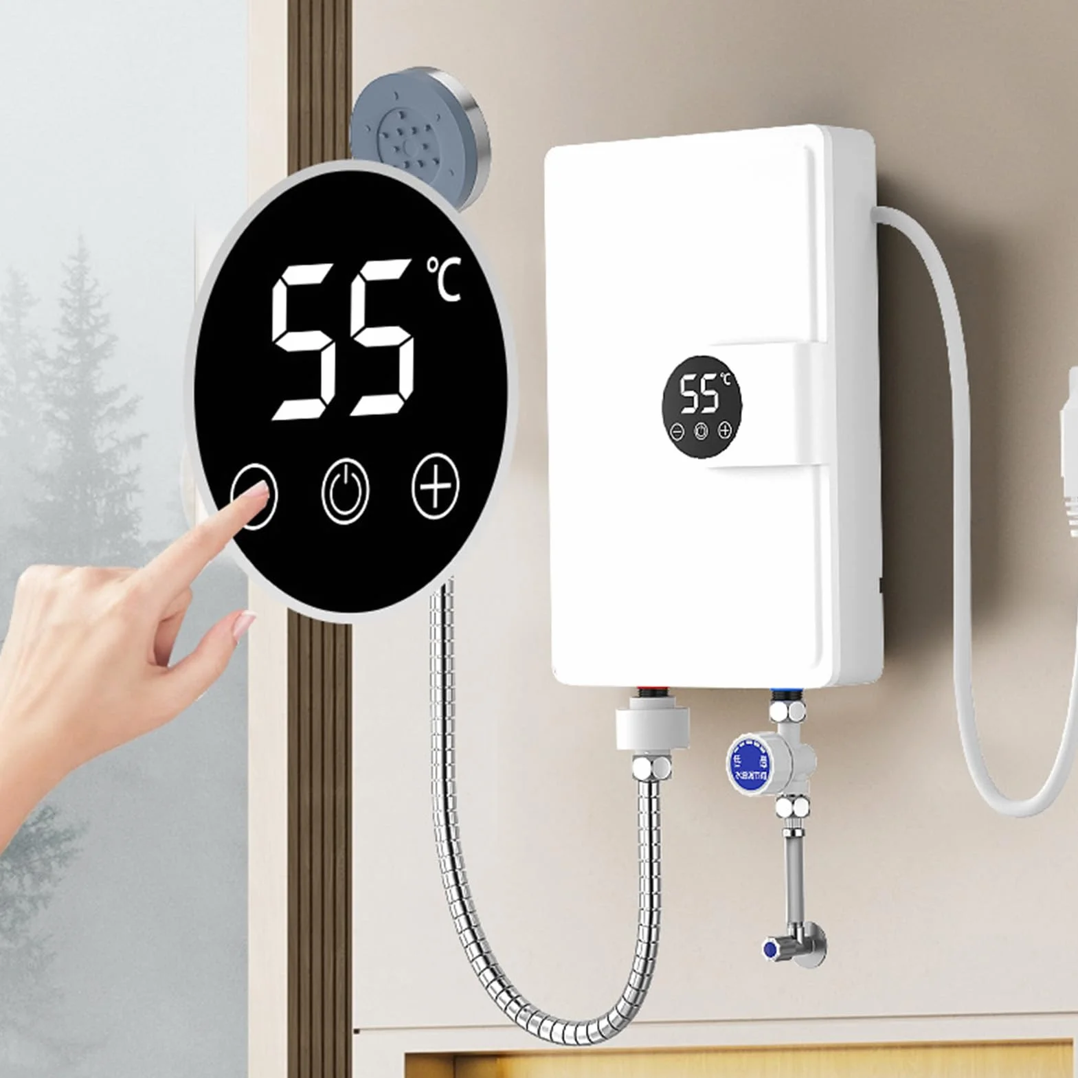 Hancaner Natychmiastowy elektryczny podgrzewacz wody 5500 W z wyświetlaczem LED, cyfrowa regulacja temperatury do łazienki i kuchni (wtyczka UE 230 V)
