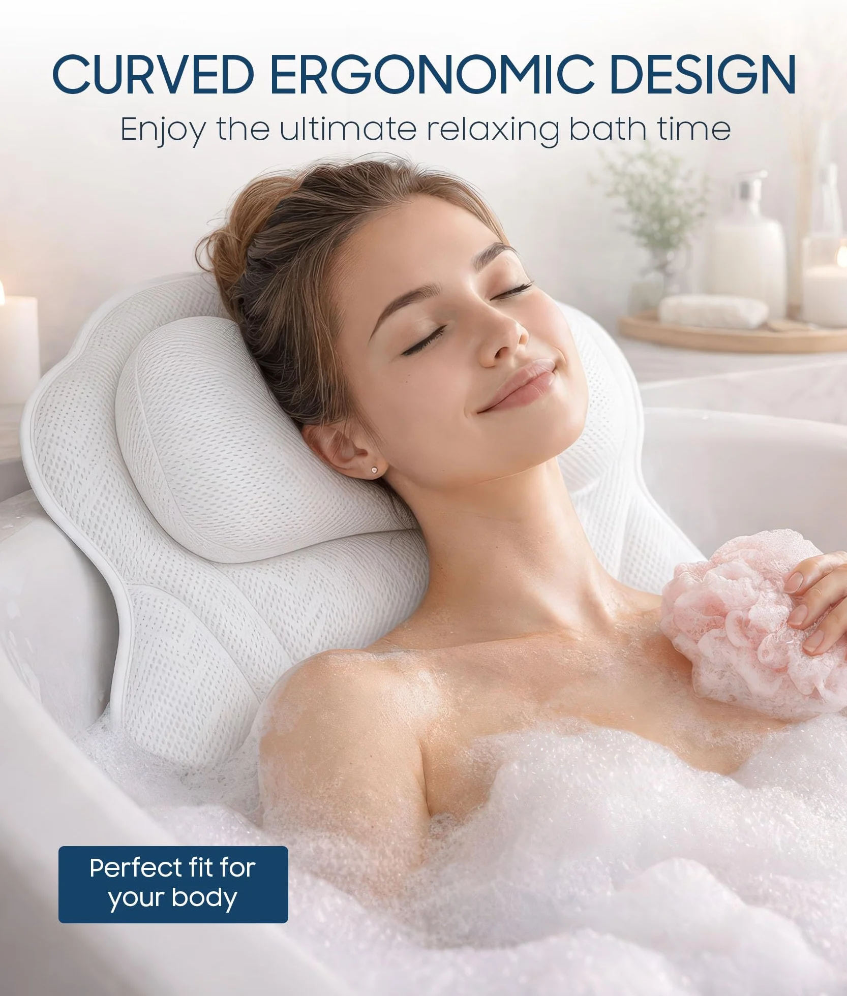ADOV Poduszka do Wanny Ergonomiczna z 6 Mocnymi Przyssawkami Technologia Siatki Powietrznej 3D