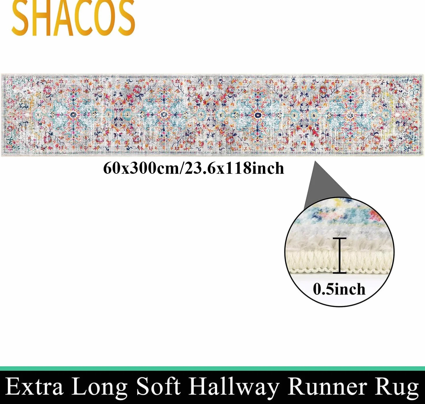 SHACOS Bieżnik na Korytarz 60 x 305 cm, Antypoślizgowy Chodnik do Przedpokoju, Długi Kudłaty Dywan Podłogowy, Niskie Runo, Nie Gubi Włosia, do Kuchni