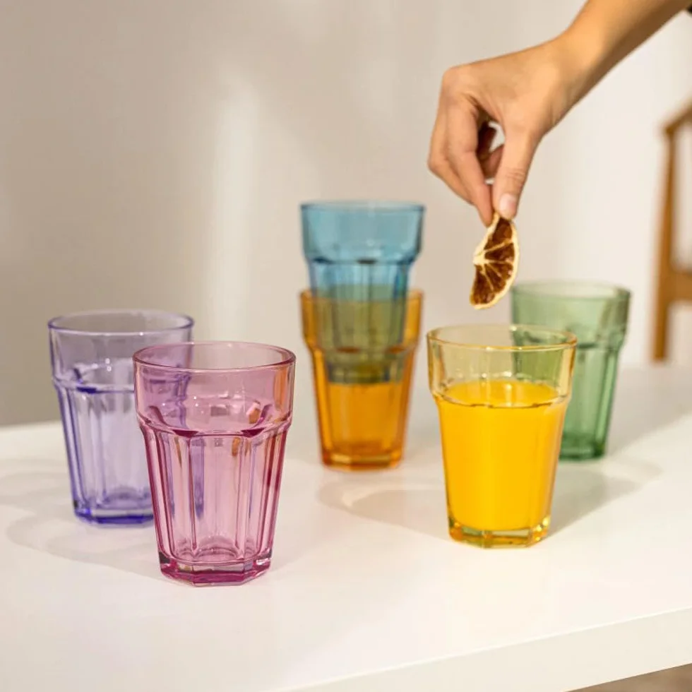 TREND FOR HOME Szklanki do Wody 425 ml Zestaw 6 Kolorowych Szklanek do Wody Napojów Soków Szklanka Wysoka Szklane Kubki do Longdrinków Szklanki Wysokie Styl Retro, Alva