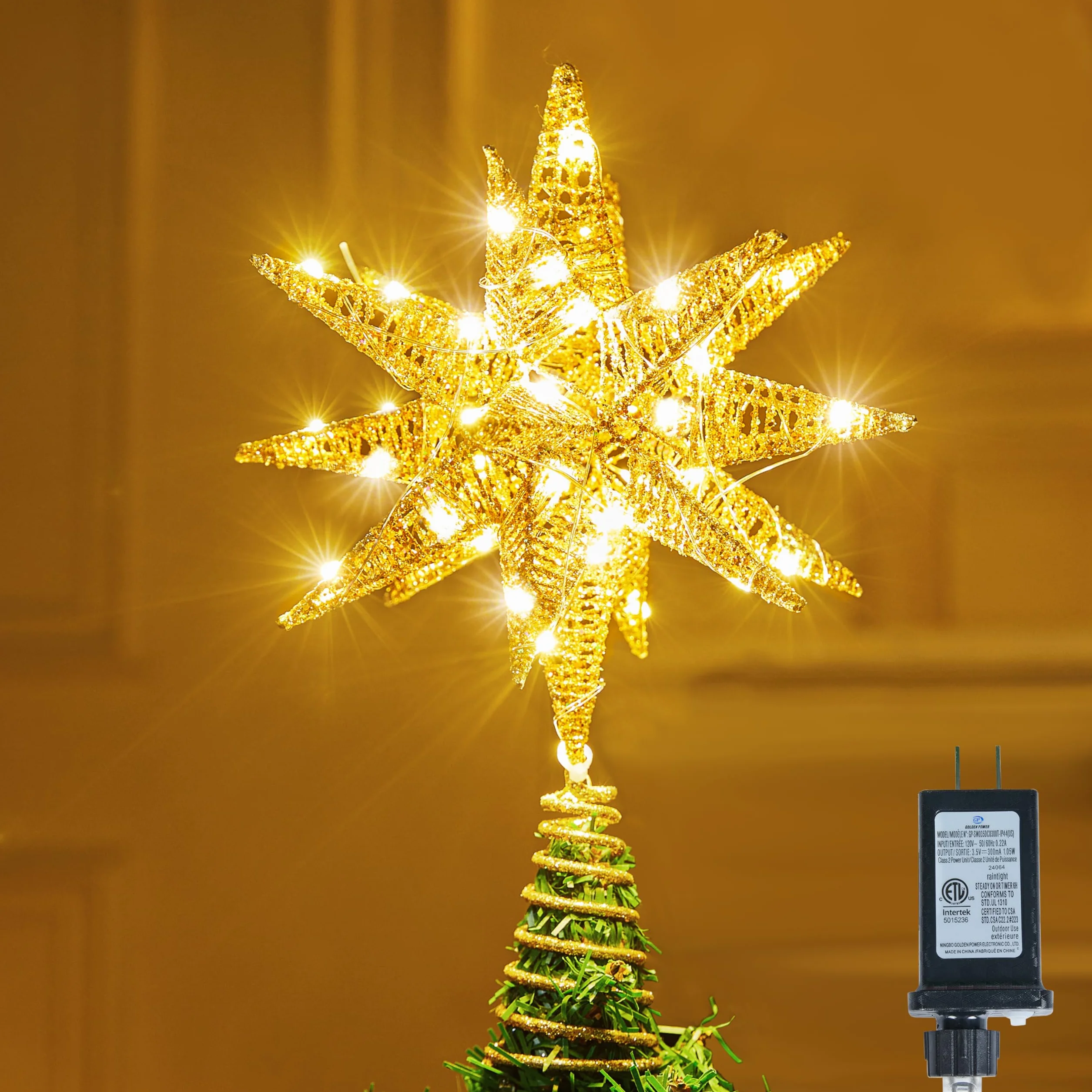 JOIEDOMI 28 cm metalowy brokat 3D gwiazda, Boże Narodzenie, złota ozdoba na choinkę, ciepła biel, 36 diod LED, z wtyczką i timerem, ozdoba na choinkę, ozdoby, dekoracje choinkowe, dom, wakacje