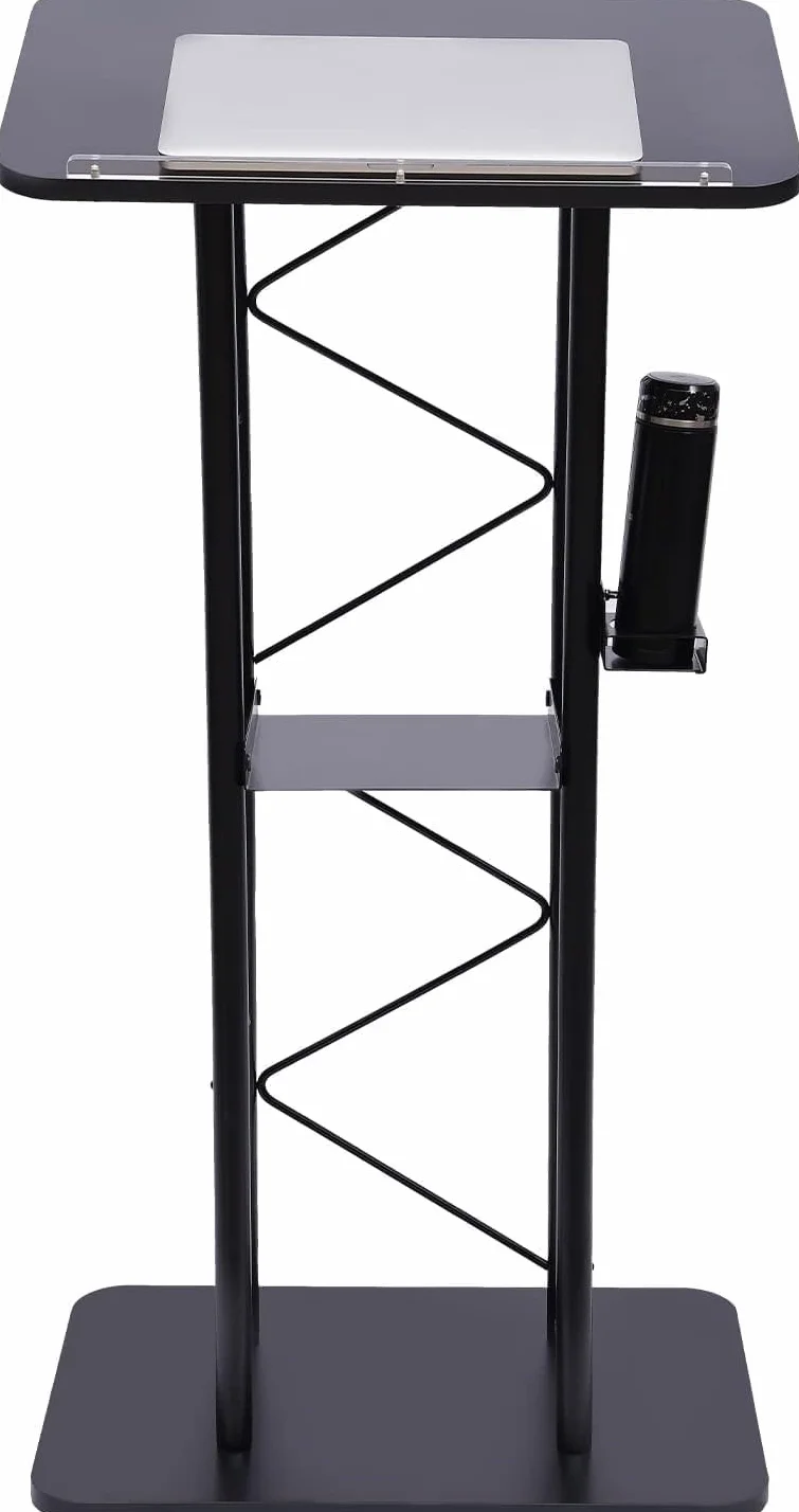 Czarny zakrzywiony metalowy stojak na podium, mównica stojąca z uchwytem na kubek, 40 x 60 x 120 cm, do biura, szkoły i na imprezy