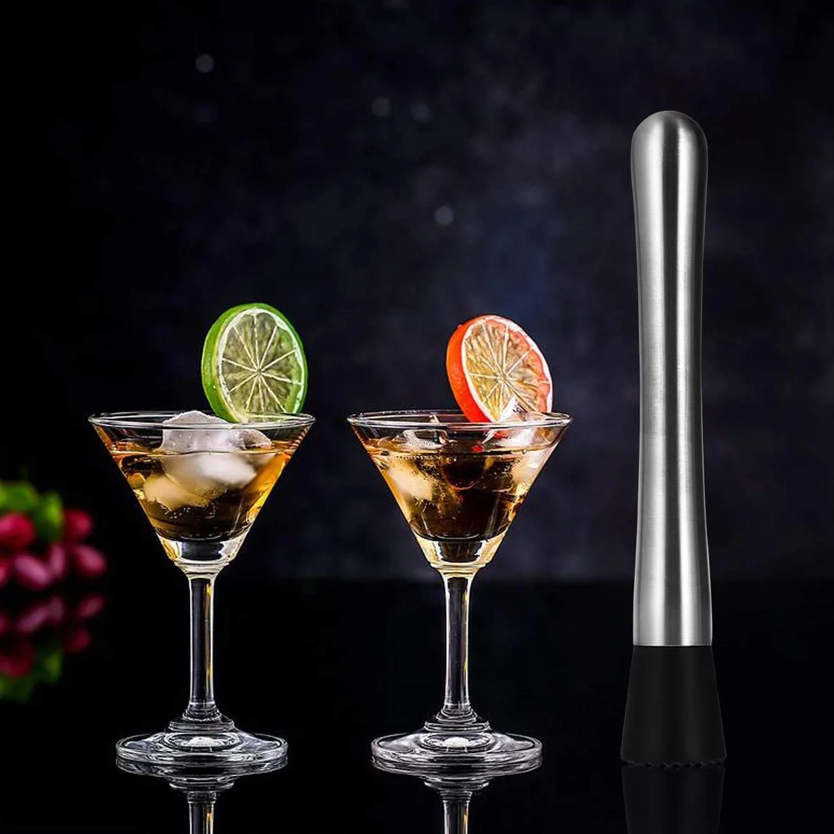 Voarge Tłuczek do koktajli, z rowkowaną głowicą z tworzywa sztucznego, ze stali nierdzewnej, ubijak Mojito, idealny dla barmanów
