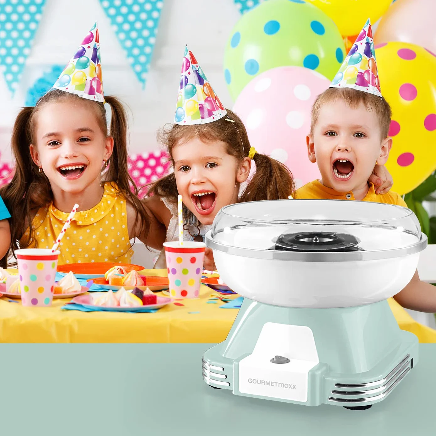 GOURMETmaxx Maszynka do waty cukrowej do domu, oryginał z 10 pałeczkami i łyżeczką pomiarową w nostalgicznym wzornictwie retro w kolorze miętowym | Cotton Candy najwyższej jakości na każdą okazję