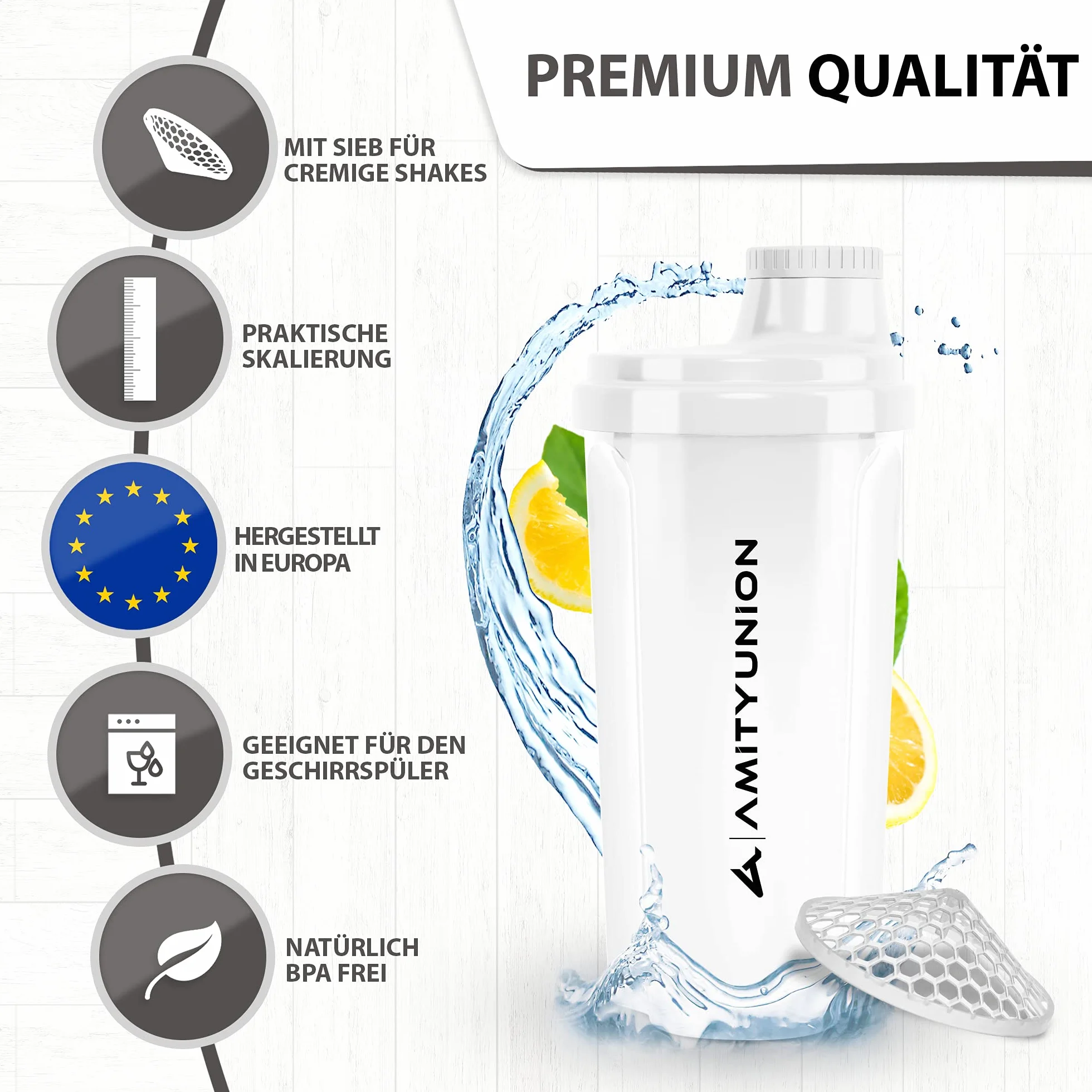 Heaven Shaker do shake’ów proteinowych, bez wyciekania, bez BPA, z sitkiem i skalą, do kremowych drinków z białkiem serwatkowym, białkowych izolatów i koncentratów BCAA, do mieszania, 500 ml, biały