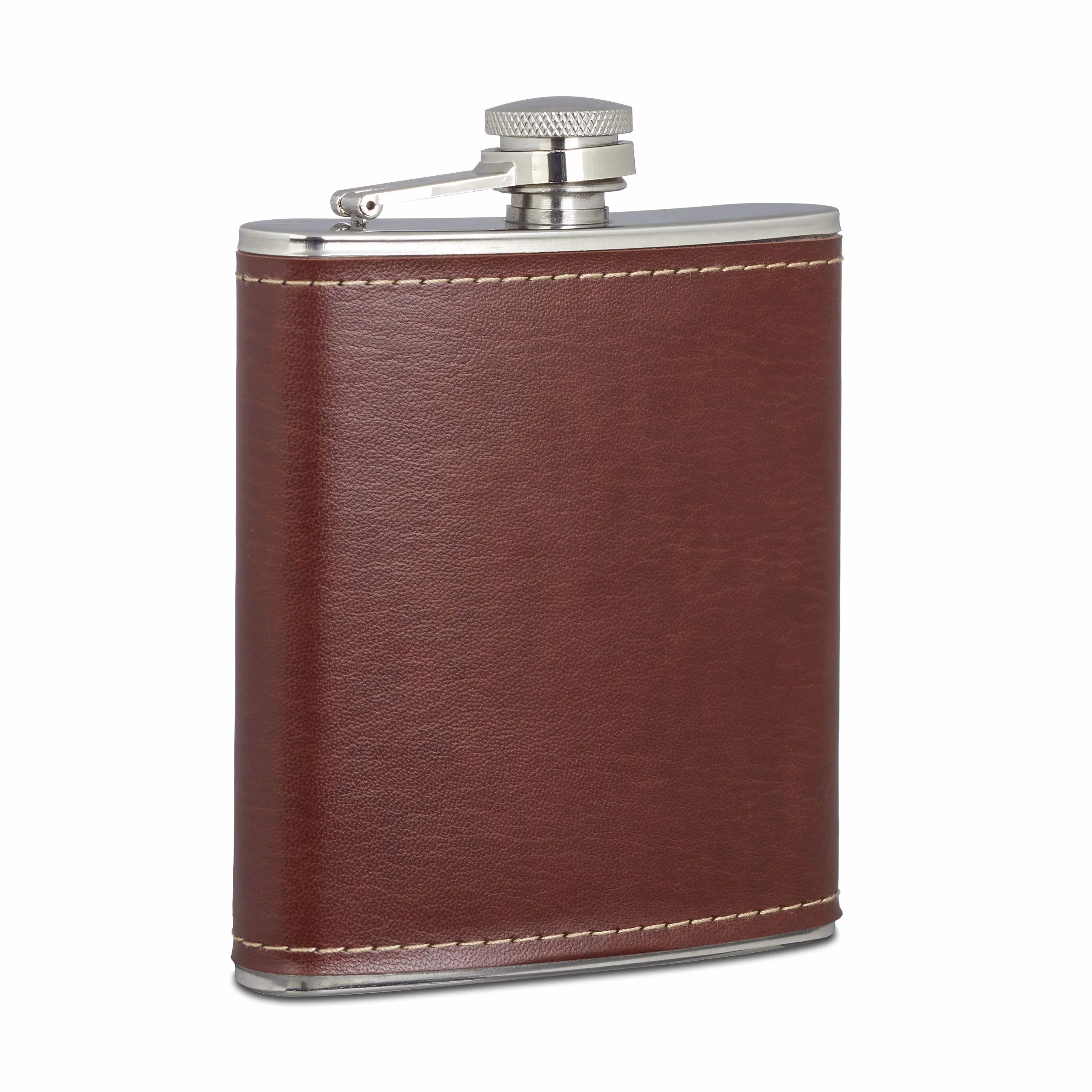 Relaxdays Flachmann 200 ml, butelka kieszonkowa ze stali nierdzewnej z etui ze sztucznej skóry, mała piersiówka w podróży, brązowa, 1 sztuka sztuczna skóra