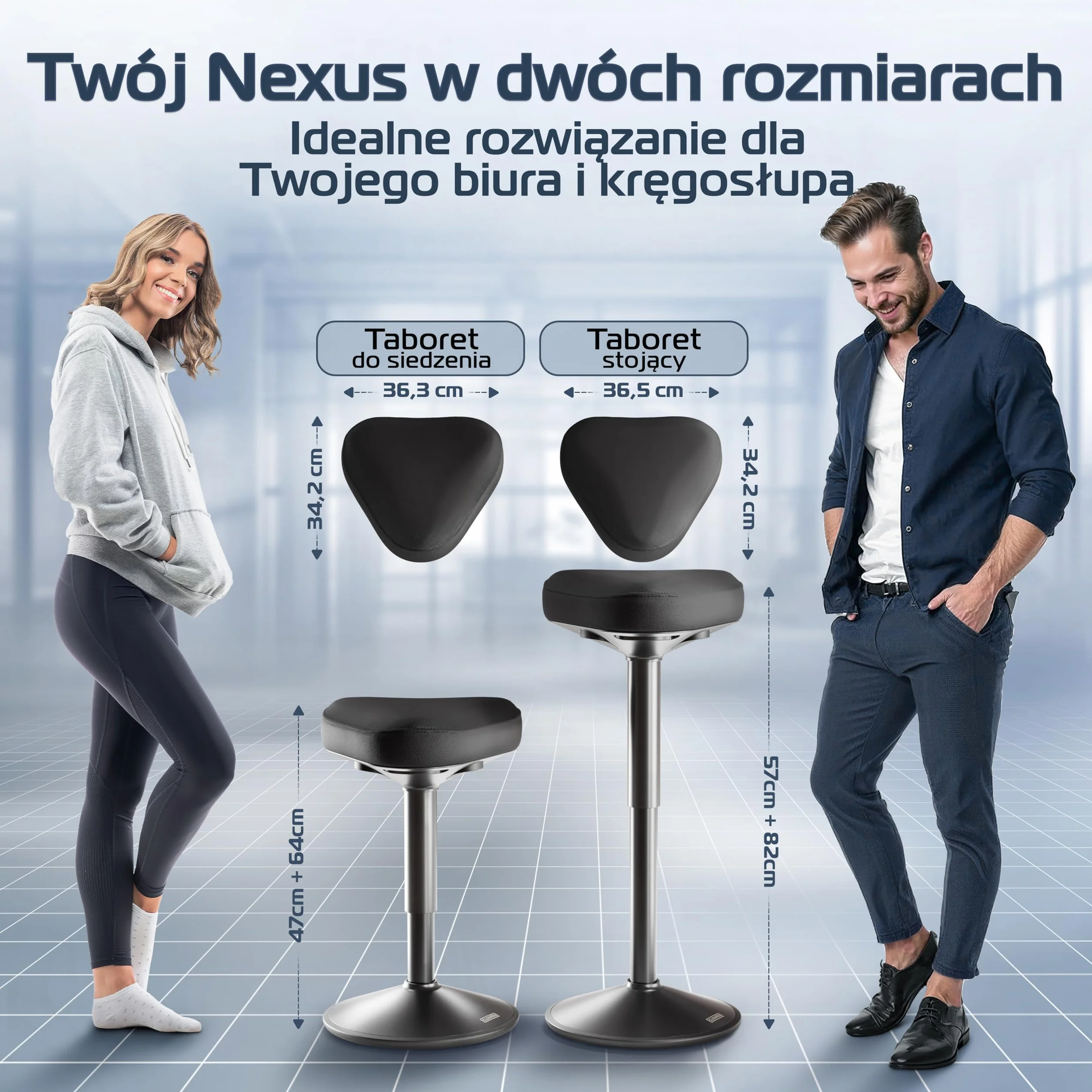 CLOUVOU Nexus Taboret ergonomiczny [ORIGINAL] Taboret regulowany w zakresie od 47 cm do 64 cm - Stołek, który ma wygodne tapicerowane siedzisko - Obrotowy stołek do salonu