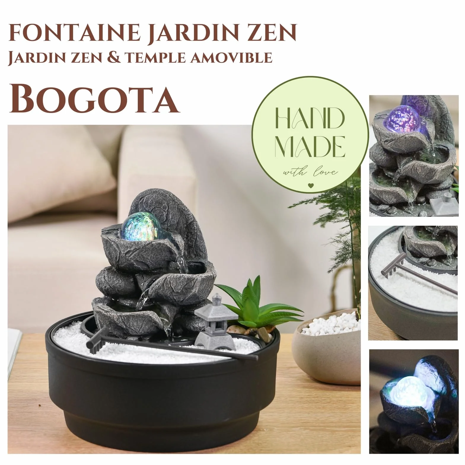 Fontanna ogrodowa Zen, obracająca się szklana kula, kolorowa dioda LED, relaksująca dekoracja nastrojowa, ogród Zen biały piasek, fontanna stołowa zamknięta obwód, H21 cm - Bogota Zen'Light