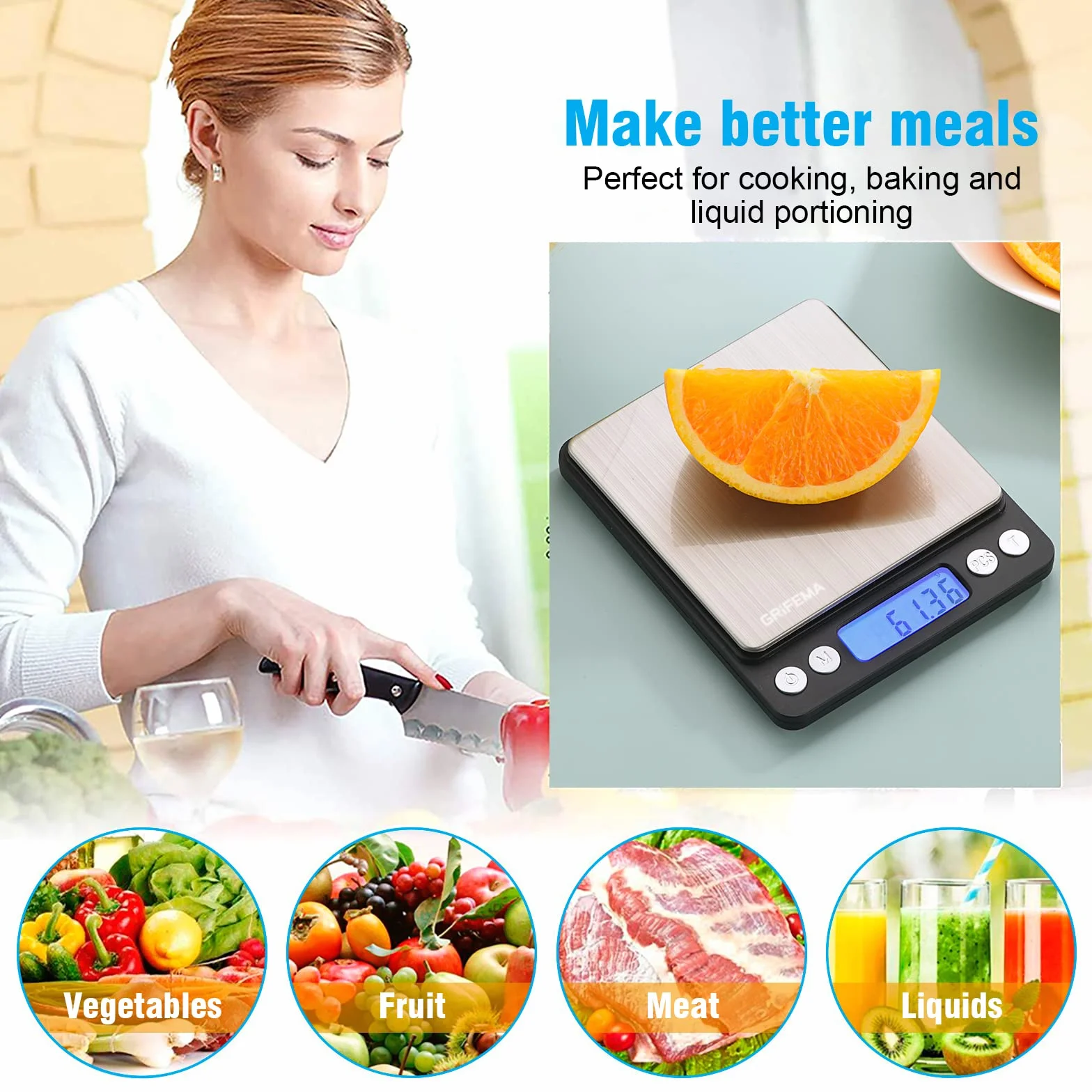 Grifema GA2003 Báscula De Cocina Con Pantalla LCD, Digital, Balanza Con Tapa, Acero Inoxidable (Exclusivo En Amazon), 0.01-500 g