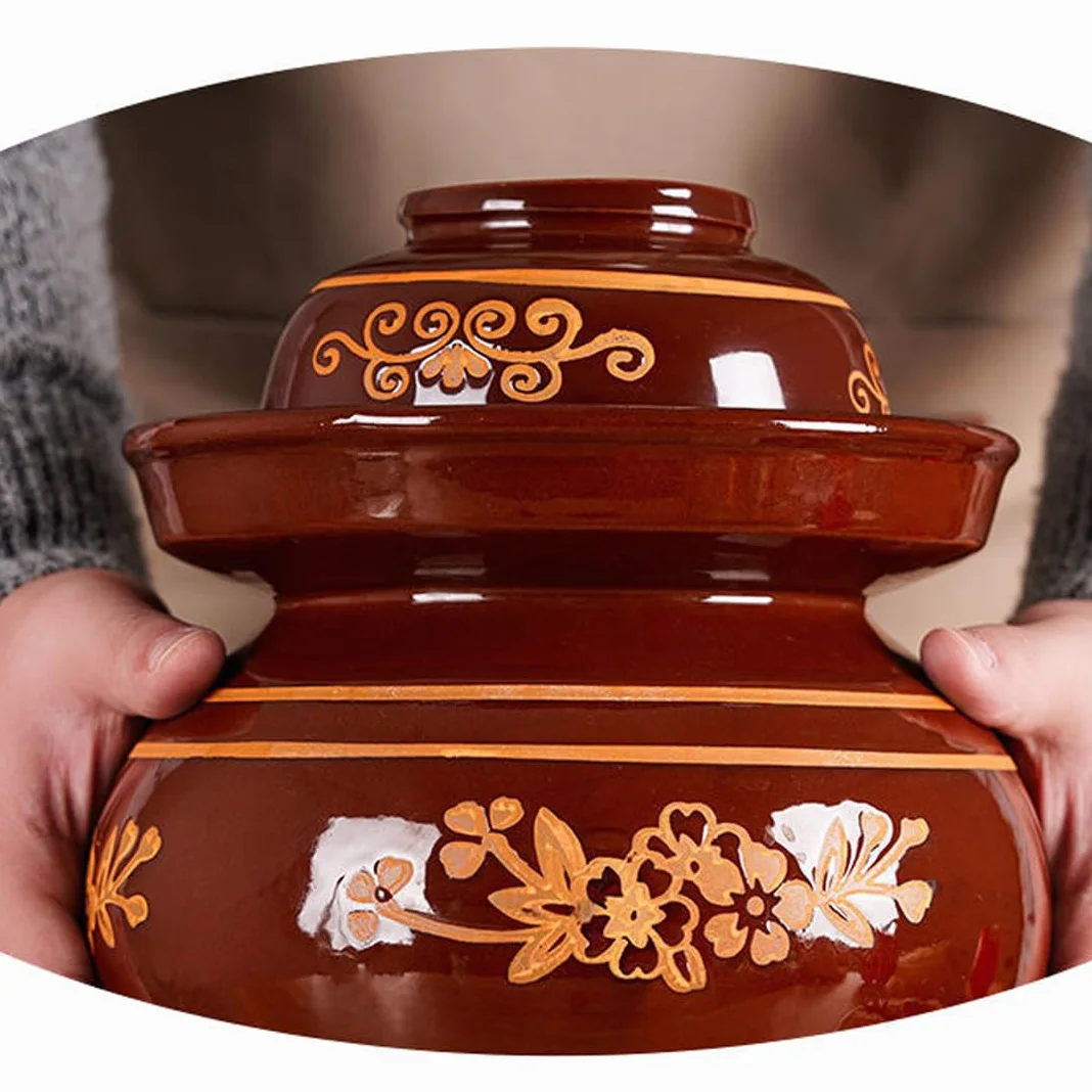 Ceramiczny słoik na marynaty z pokrywkami, duży czerwony tradycyjny chiński porcelanowy słoik do marynowania, ceramiczny garnek fermentacyjny z uszczelką wodną pokrywką śluzy powietrznej, garnek z