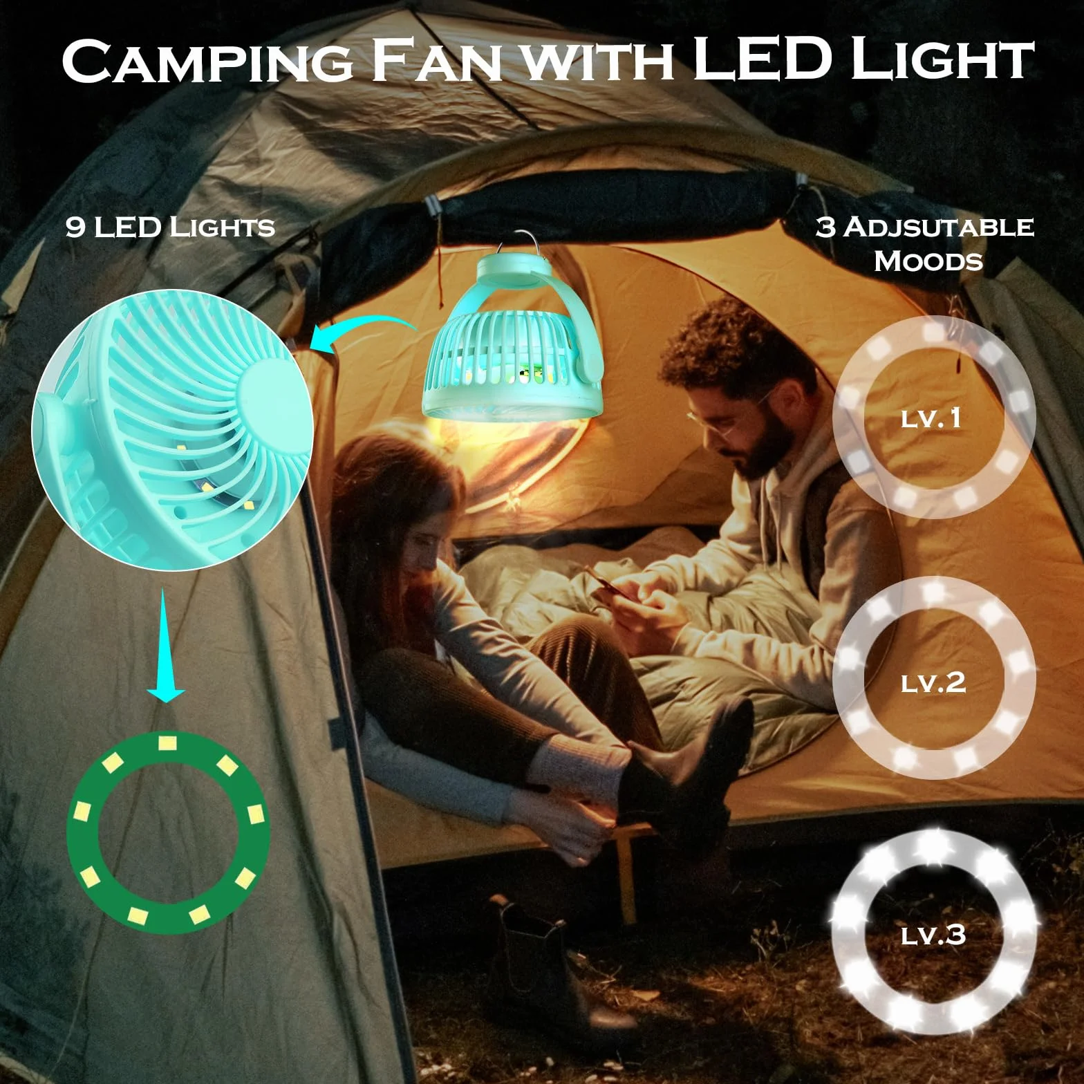 Hianjoo Wentylator do wózka dziecięcego z oświetleniem LED, 5200 mAh, mały wentylator biurkowy, wentylator kempingowy z hakiem wiszącym, obrót o 360°, przenośny, do wielokrotnego ładowania, do namiotu