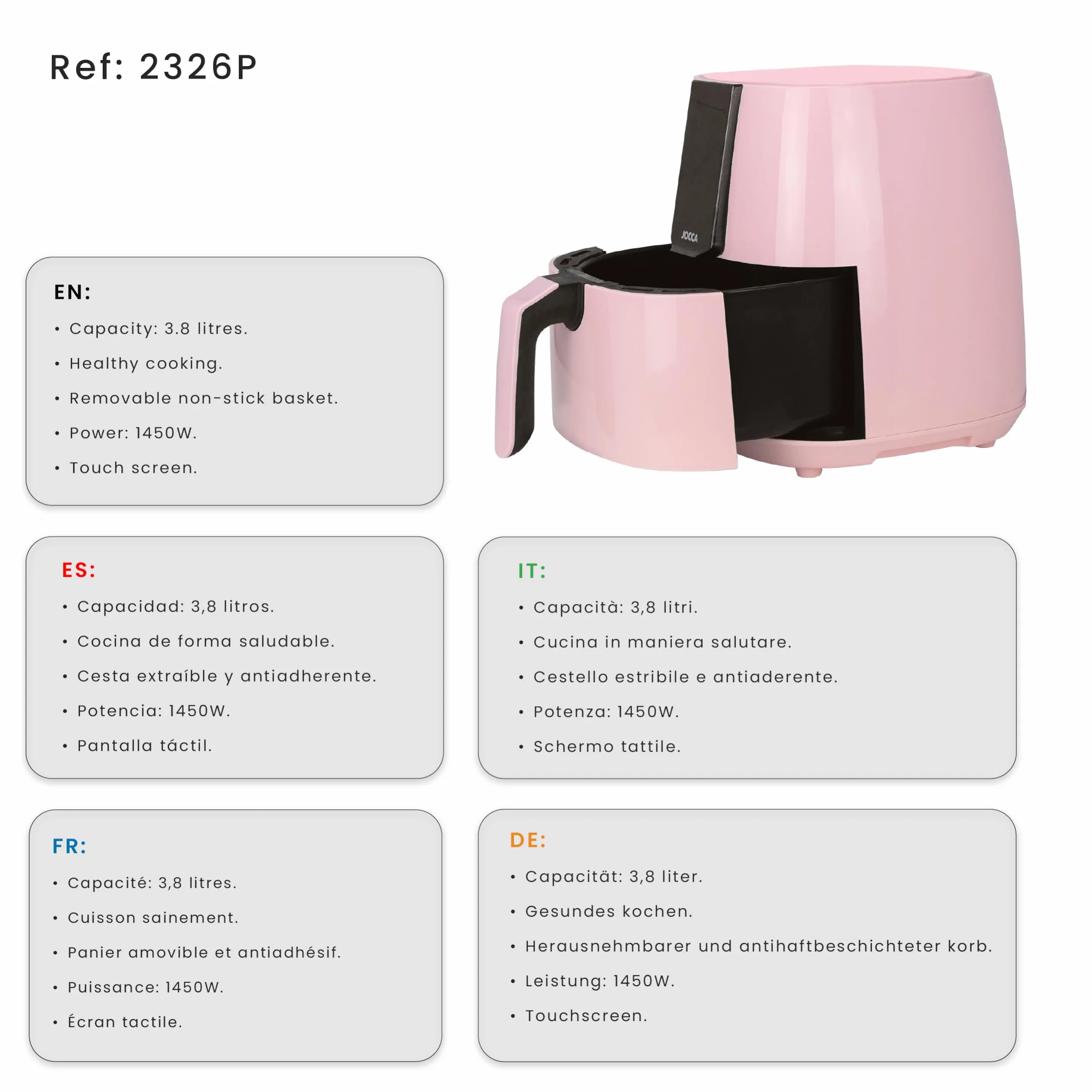 JOCCA - Frytkownica na gorące powietrze 3,8 l | Linea Sweet Frytkownica bezolejowa | Air Fryer 3,8 litra | Timer | regulowana temperatura | Zdrowa kuchnia | 1450 W | ekran dotykowy LED | oszczędność