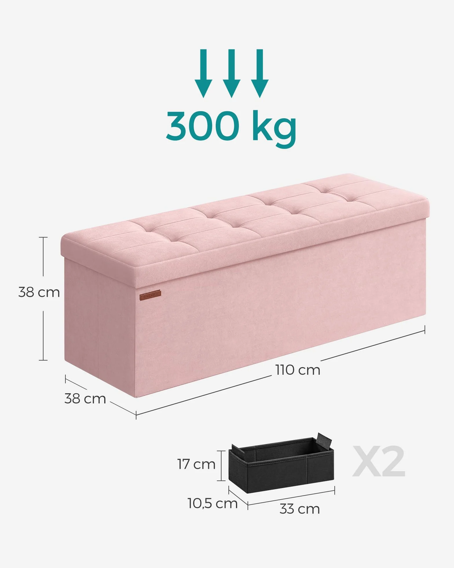 SONGMICS Skrzynia do Przechowywania, Składany Podnóżek, 38 x 110 x 38 cm, Ottoman, Obciążenie 300 kg, Salonu, Sypialni, Wejścia, Pastelowy Róż LSF277R01