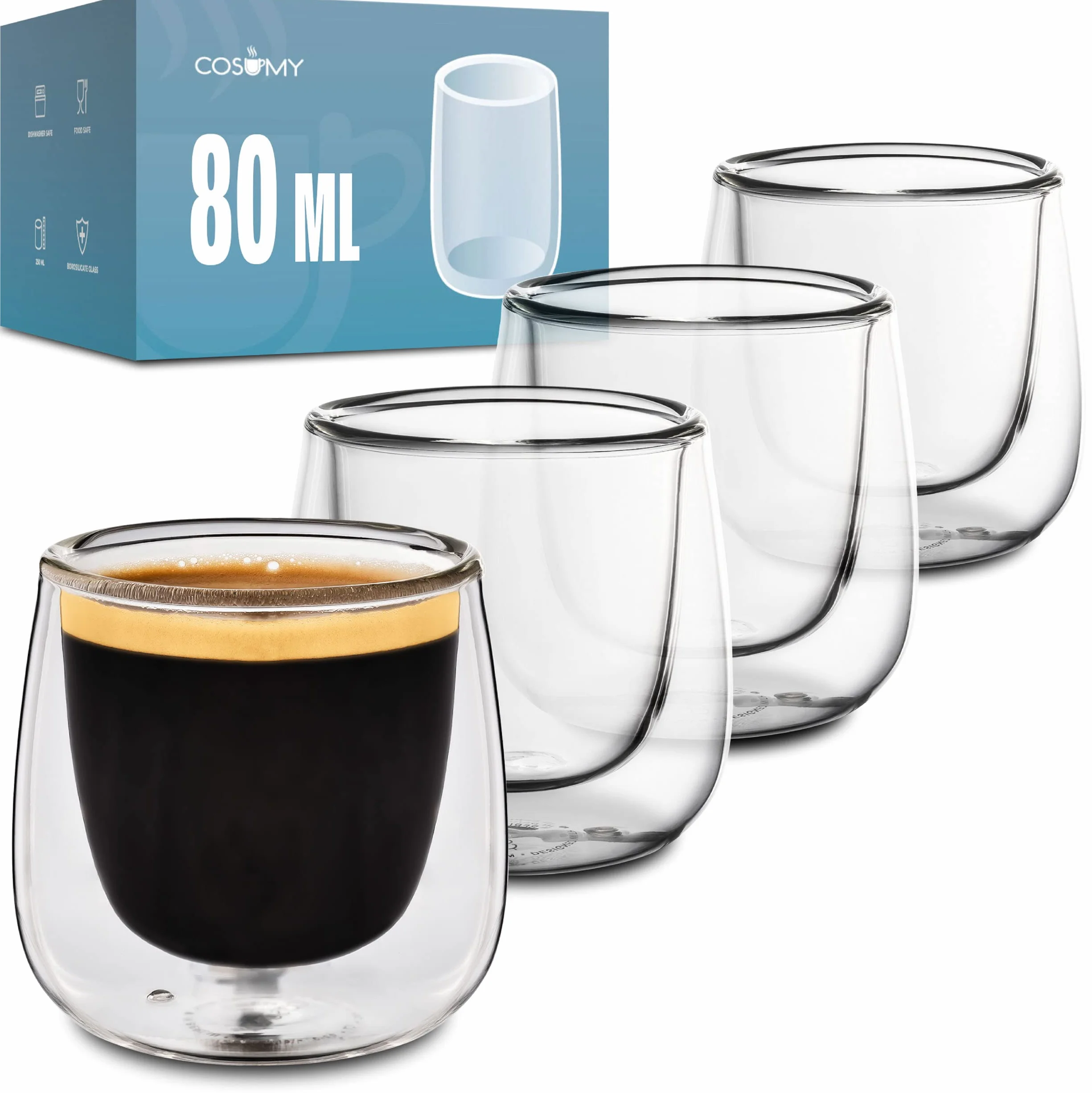 Cosumy 4 Szklanki termiczne do espresso o podwójnych ściankach 80ml - dłużej utrzymują ciepło - chronią dłonie - z pudełkiem upominkowym