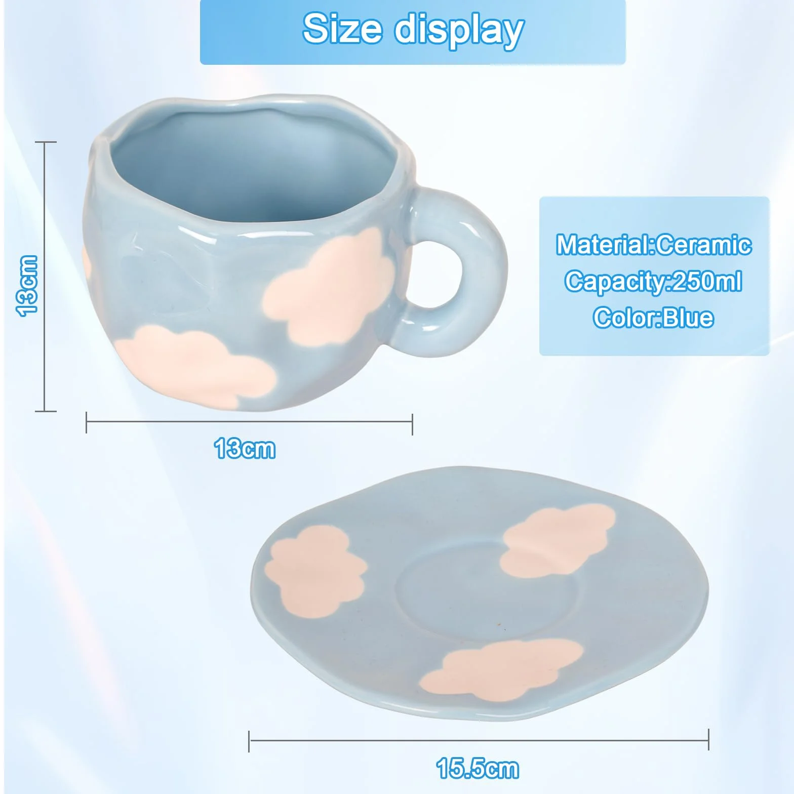 Dokeno Zestaw filiżanek i spodków do kawy, 250 ml, niebieskie niebo i białe chmury, zestaw filiżanek do kawy ze spodkiem i łyżeczką, do domu i biura, dla kobiet i dziewcząt, prezent urodzinowy