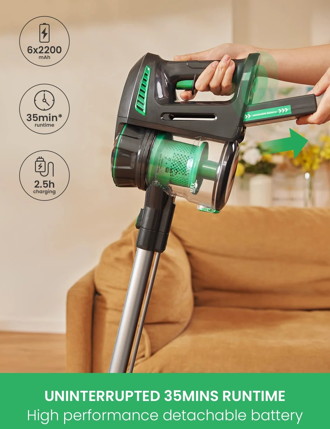 Vactidy Bezprzewodowy odkurzacz akumulatorowy, lampa błyskowa V8, ze zdejmowanym akumulatorem, siła ssania 22 kPa, do podłóg z twardego drewna, czas pracy do 35 min