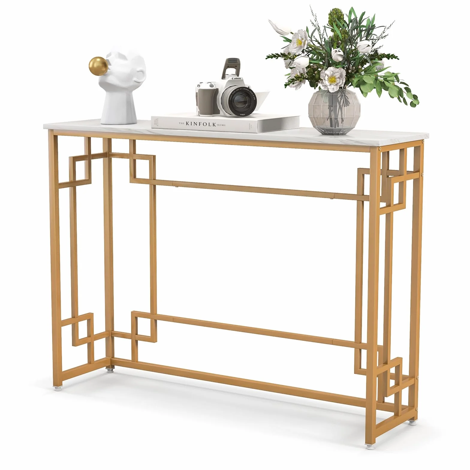COSTWAY Stolik konsolowy marmurowy złoty 110 x 30 x 81 cm z geometryczną metalową ramą