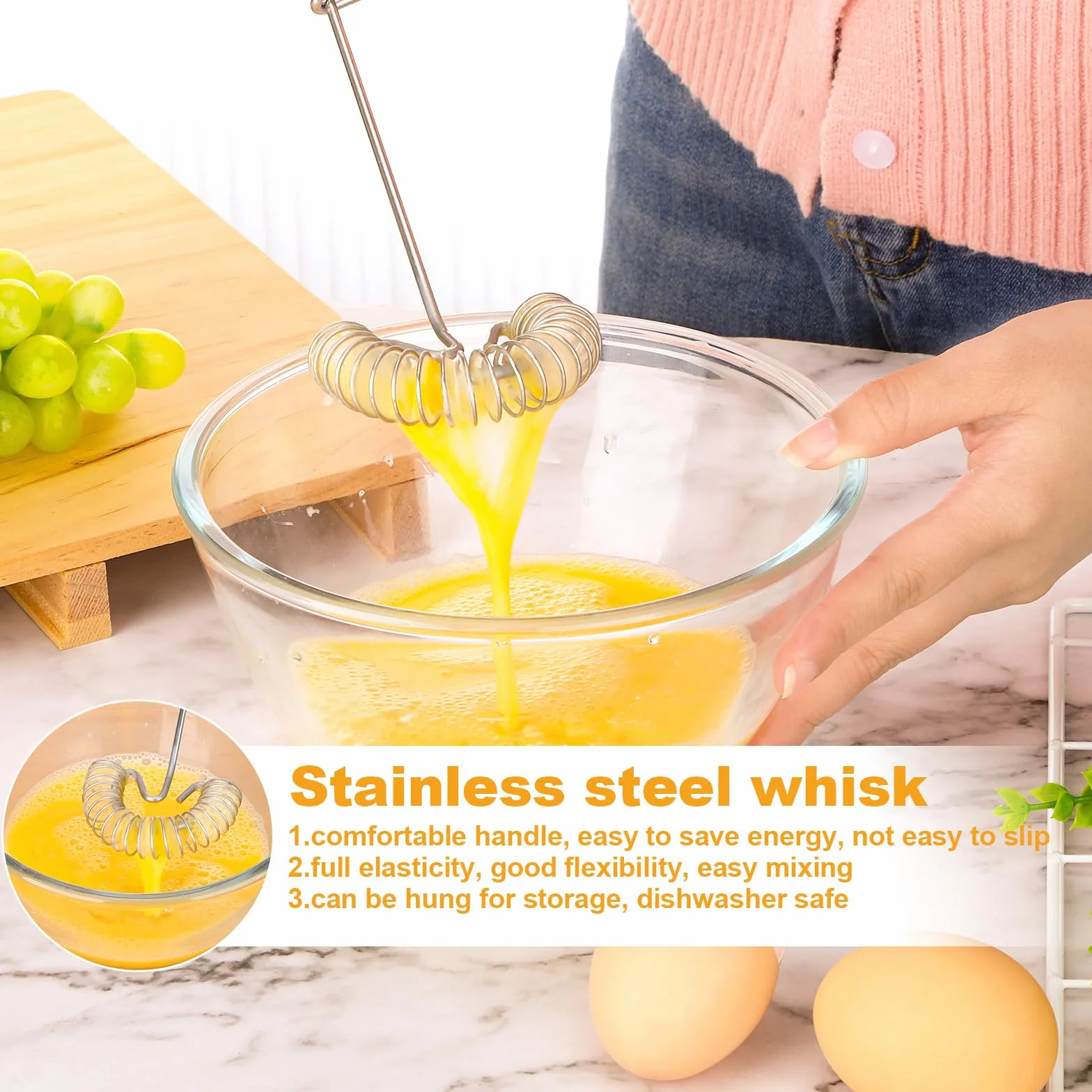 2 sztuki spiralnych trzepaczek ze stali nierdzewnej, mała trzepaczka do whisk, do mieszania, nadaje się do mycia w zmywarce, miotełka płaska, ręczna trzepaczka do jajek, mąki i masła