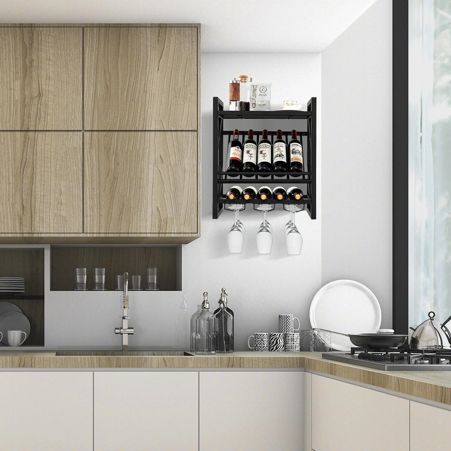 COSTWAYregał nawino, 10 butelek, 3 rzędy uchwytów, industrialny design, idealny do domu, baru, kuchni, restauracji