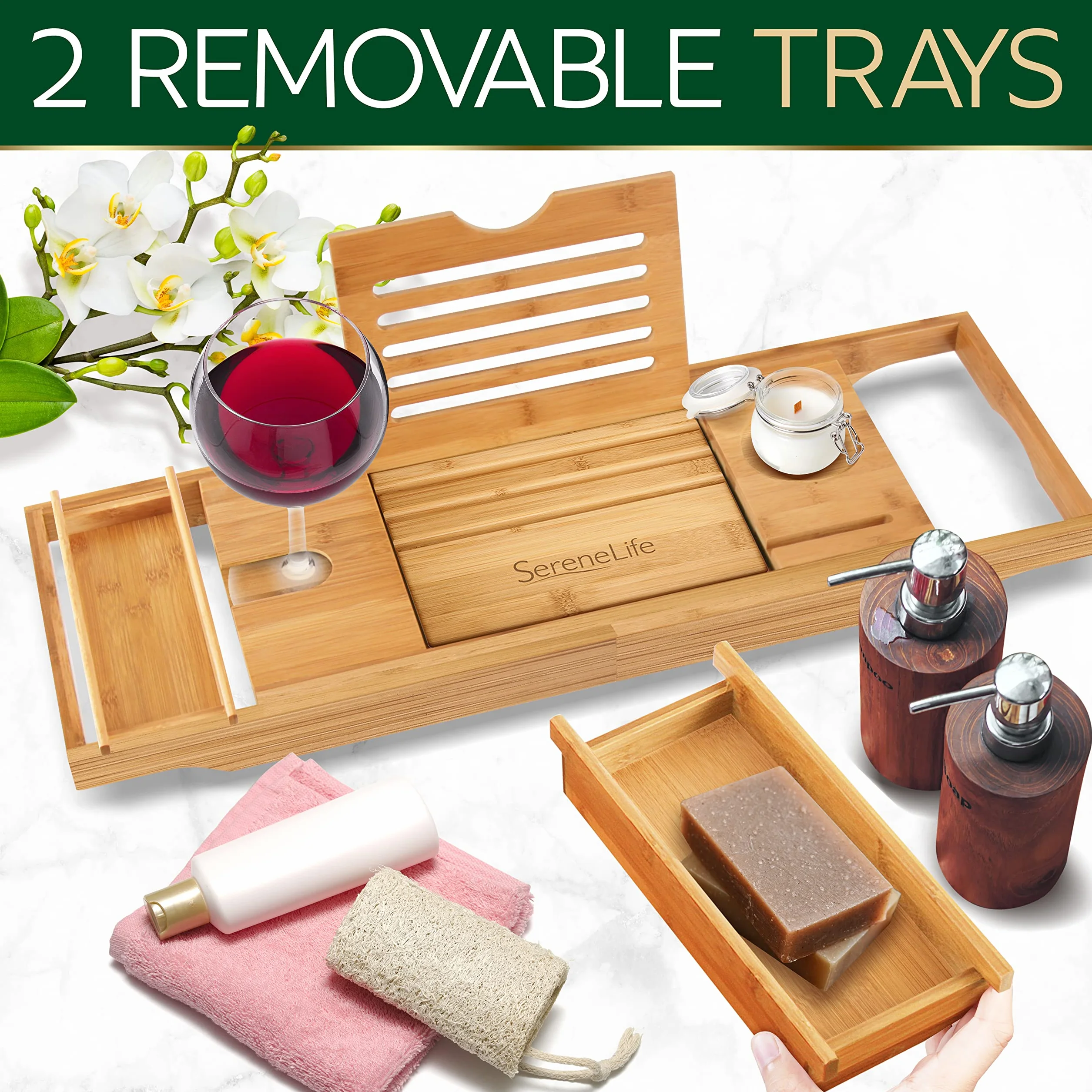 SereneLife SLBCAD50 Taca śniadaniowa – naturalne drewno bambusowe wodoodporny pojemnik na wannę i taca na łóżko ze składanymi wysuwanymi podłokietnikami, rowkami urządzeń, kieliszkami do wina i