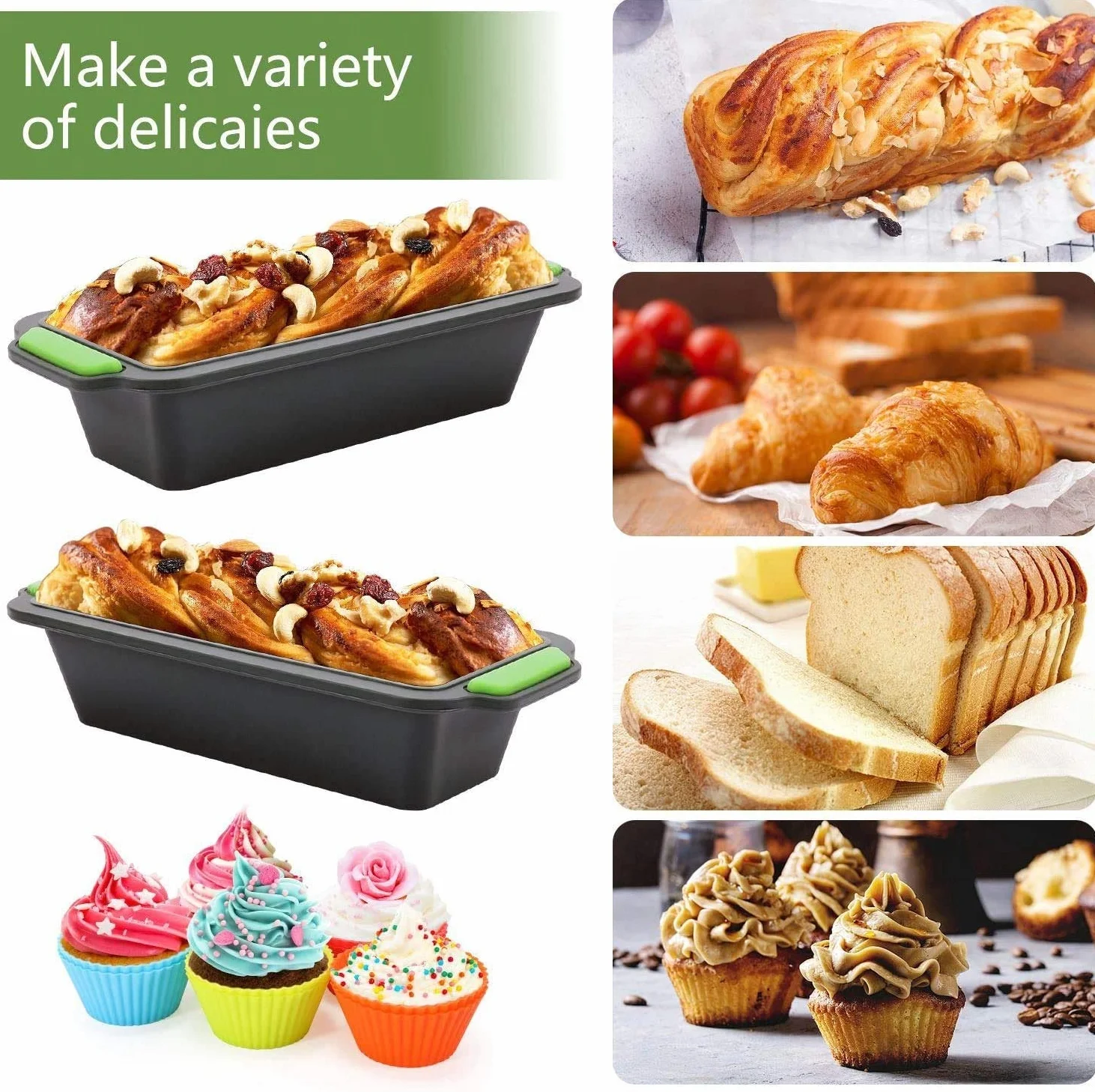 RJJ Zestaw 2 puszek chleba slicone do pieczenia + 10 sztuk wielokrotnego użytku formy babeczki, non-stick prostokątny zestaw Bakeware